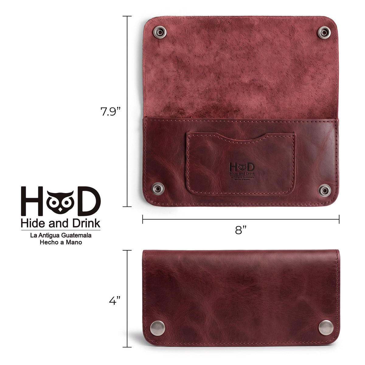 Front view of the Red Double Snap Folio Wallet by Hide & Drink, focused on its card slots and cash area. This full grain leather wallet combines functionality and elegance, serving as a durable night bag and travel accessory, handcrafted in La Antigua Guatemala & Oaxaca Mexico.