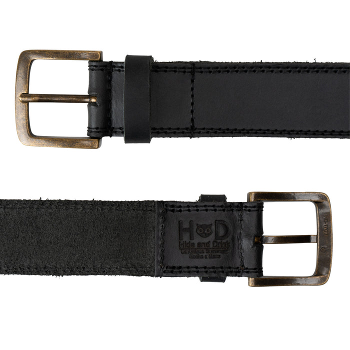 Two Row Stitch Thick Leather Belt - Antique Brass Buckle