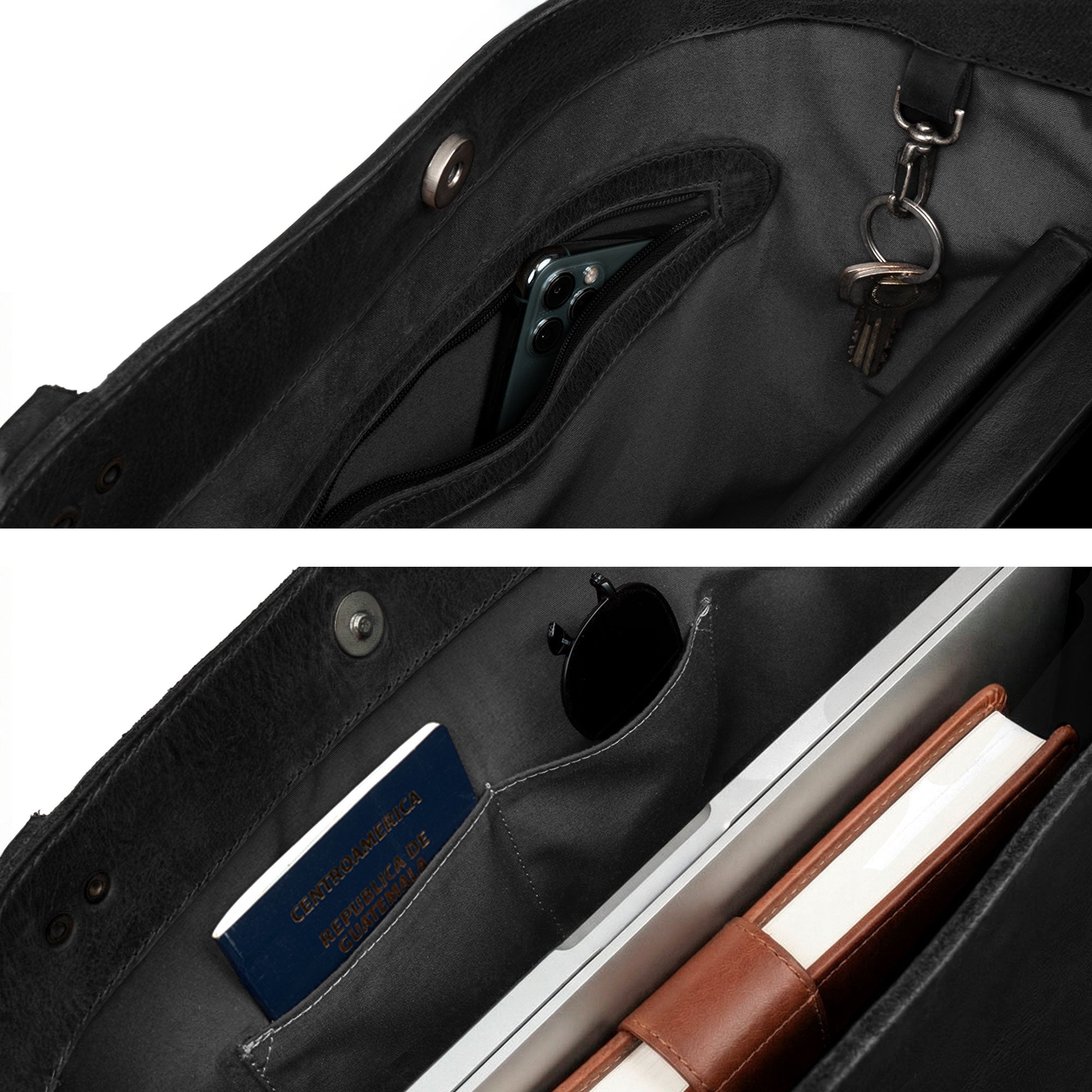 Leather Formal Handbag by Hide & Drink filled with personal items, showcasing its spacious design. This Full Grain Leather handbag is suitable as a Female Formal Handbag, Shoulder Bag, or Shopping Bag for girls. Handmade in La Antigua Guatemala & Oaxaca Mexico.