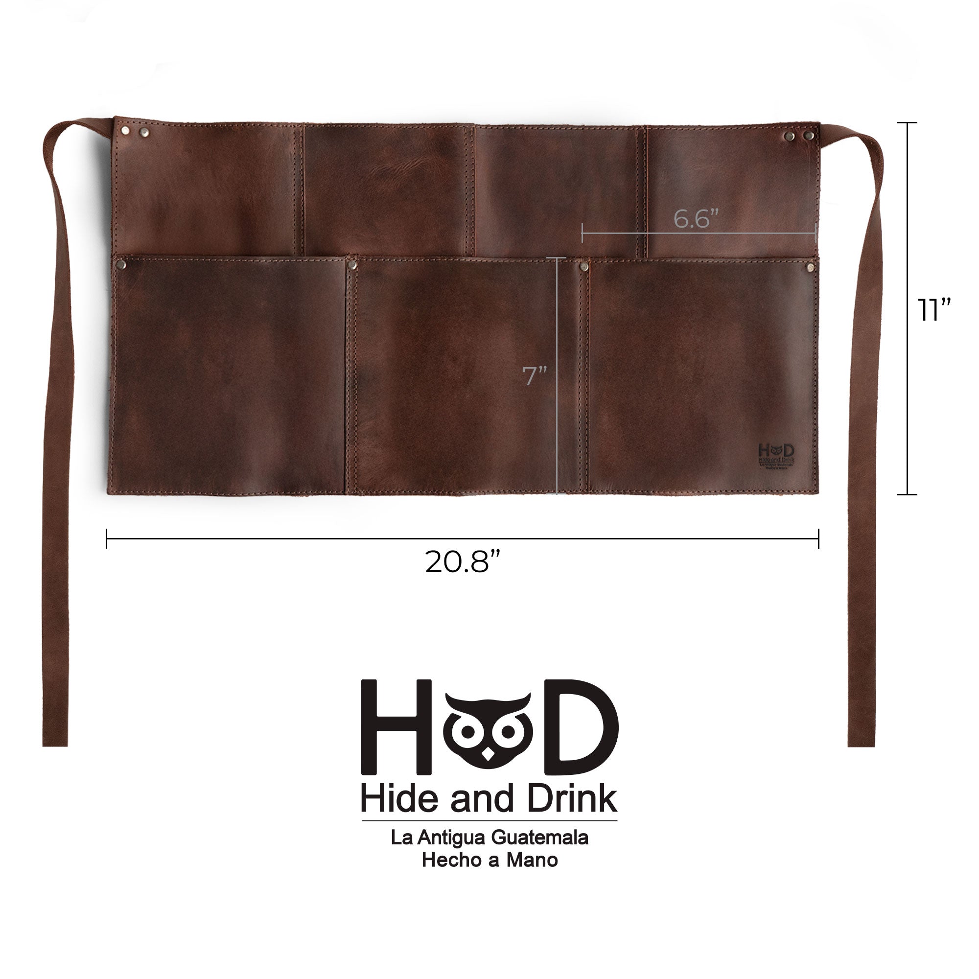 Dimensions of the Hide & Drink Barista Leather Waist Apron, featuring riveted pockets and full grain leather, perfect for waitress and waiter accessories with artisan craftsmanship in La Antigua Guatemala & Oaxaca Mexico.