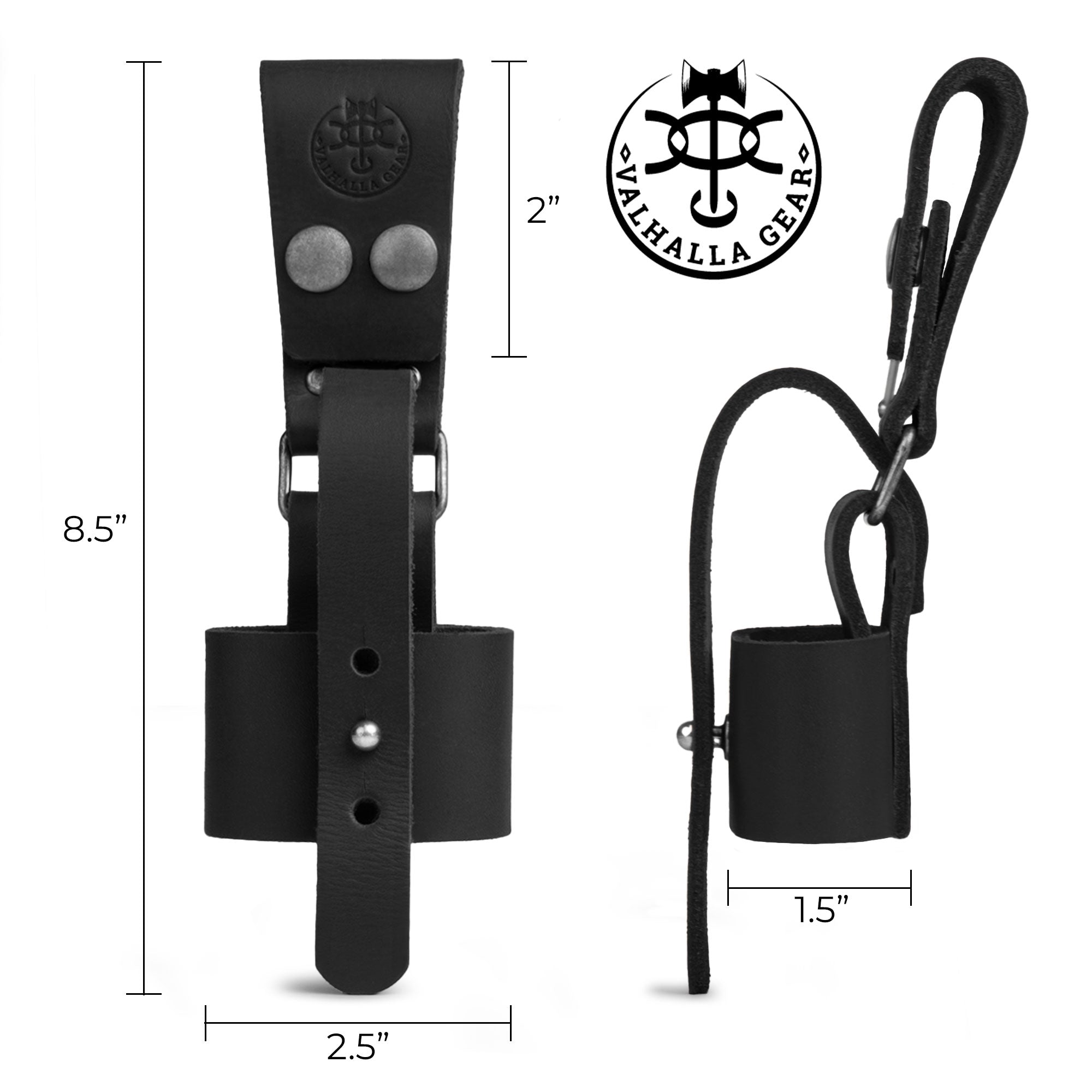 Dimensions of the Valhalla Gear Axe Holder with Belt Loop in black leather, complete with branding details. This unique piece functions as a waist holder for axes and reflects the dedication of artisan craftsmanship inherent in its hand cut and hand sewn design.