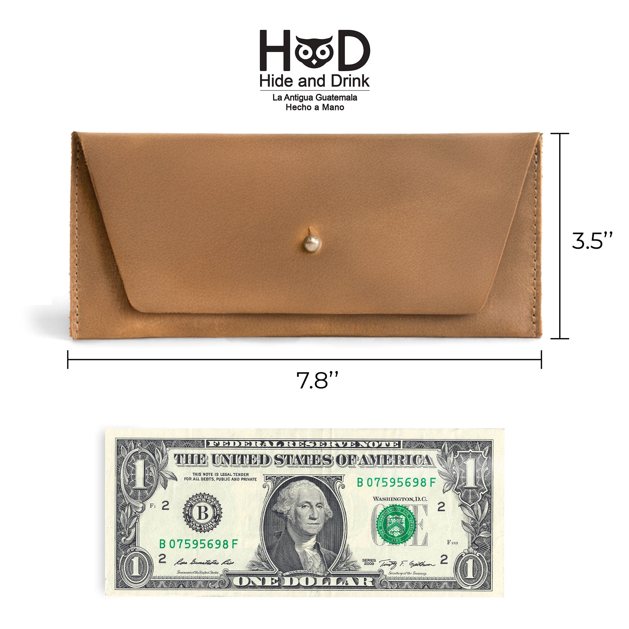 Dimensions of the navy blue Long Utility Pouch by Hide & Drink compared with a hundred dollar bill, showing its size and practicality as a wallet.
