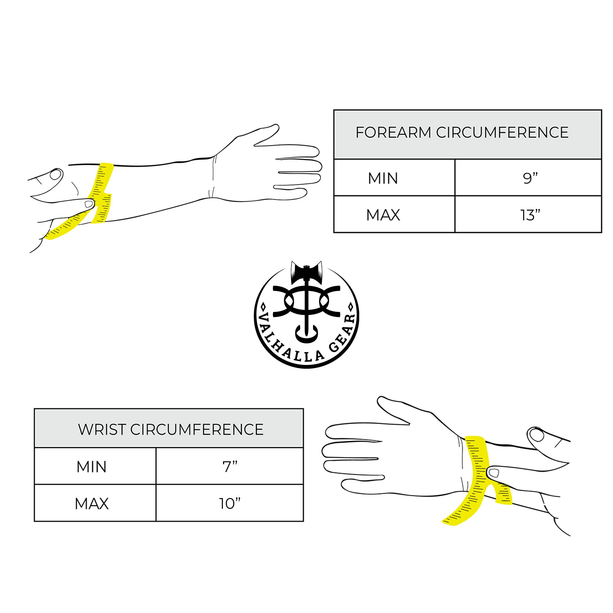 Sizing guide for the Valhalla Gear Archery Arm Guard depicting forearm and wrist circumference measurements. Essential for ensuring a perfect fit, this handmade accessory is crafted from premium full grain leather, ideal for both LARPing and serious shooting practice.