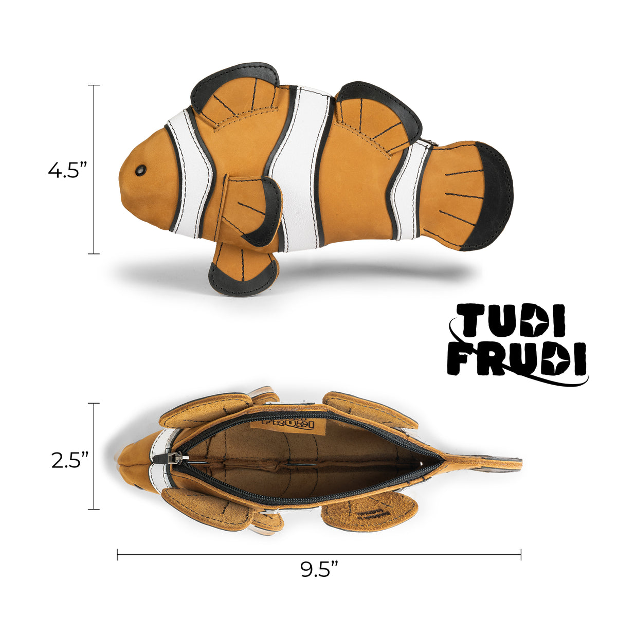 Tudi Frudi Leather Clownfish Pouch size guide showing the fish-shaped case measuring approximately 9.5 inches long, 4.5 inches high, and 2.5 inches wide, with features of a Leather Clownfish Pencil Pouch, Small Pen Organizer, Zippered Holder Wallet for Coins, Change Purse, Money Pouches for Men and Women, Saving Box, Cable Holder, Full Grain Leather, StockyardX, Small Batch Production, Hand Cut, Hand Sewn, Fire Branded, Artisan, Handmade in La Antigua Guatemala & Oaxaca Mexico.