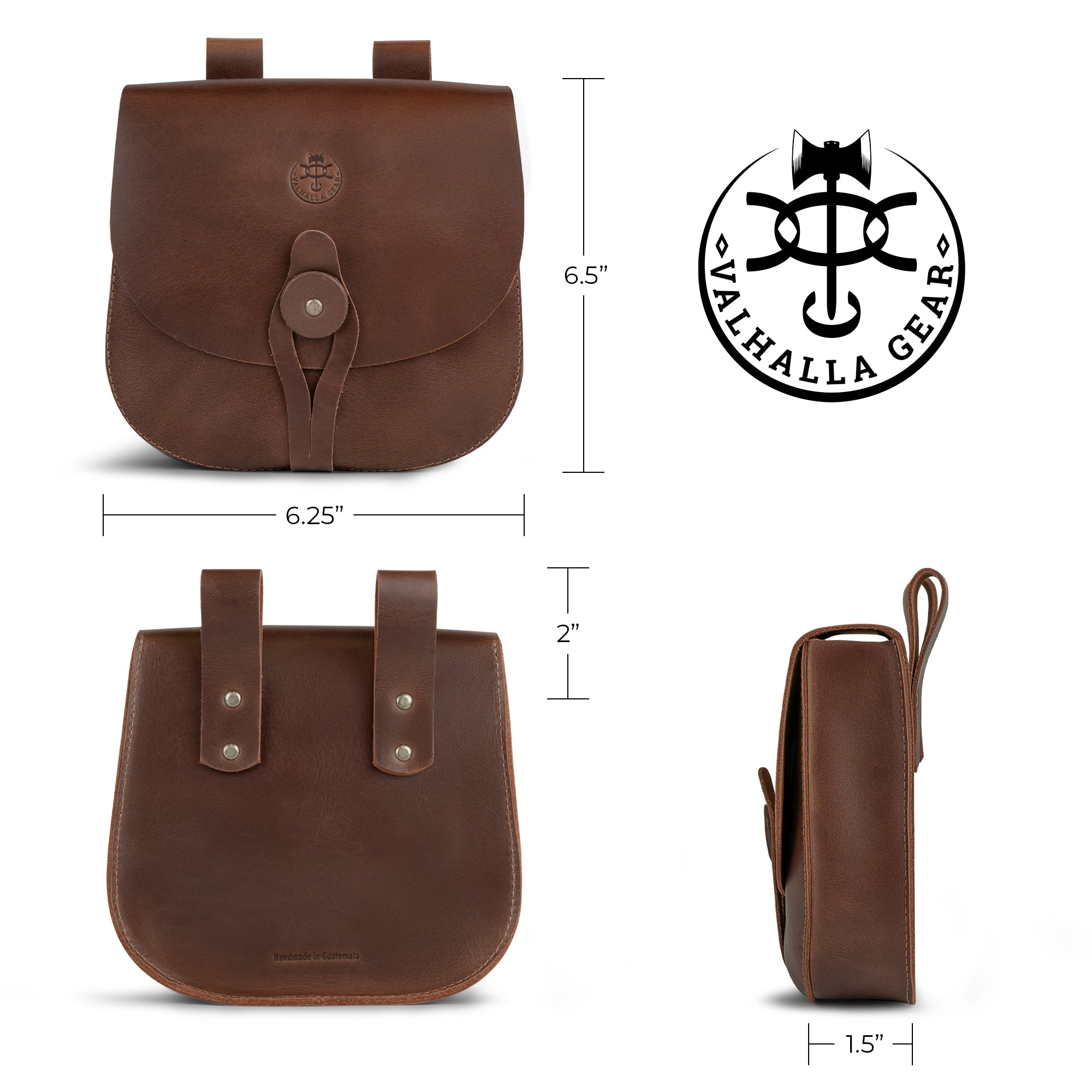 Features and dimensions of The Forester, Waist Bag by Valhalla Gear are presented, highlighting its practical design. This Medieval Style Waist Bag for Outdoors is the ultimate Leather Tool Organizer Belt Pouch with vintage loops for belts, ideal for both men and women. Crafted from full grain leather, this artisan creation is part of small batch production and handmade in La Antigua Guatemala & Oaxaca Mexico.