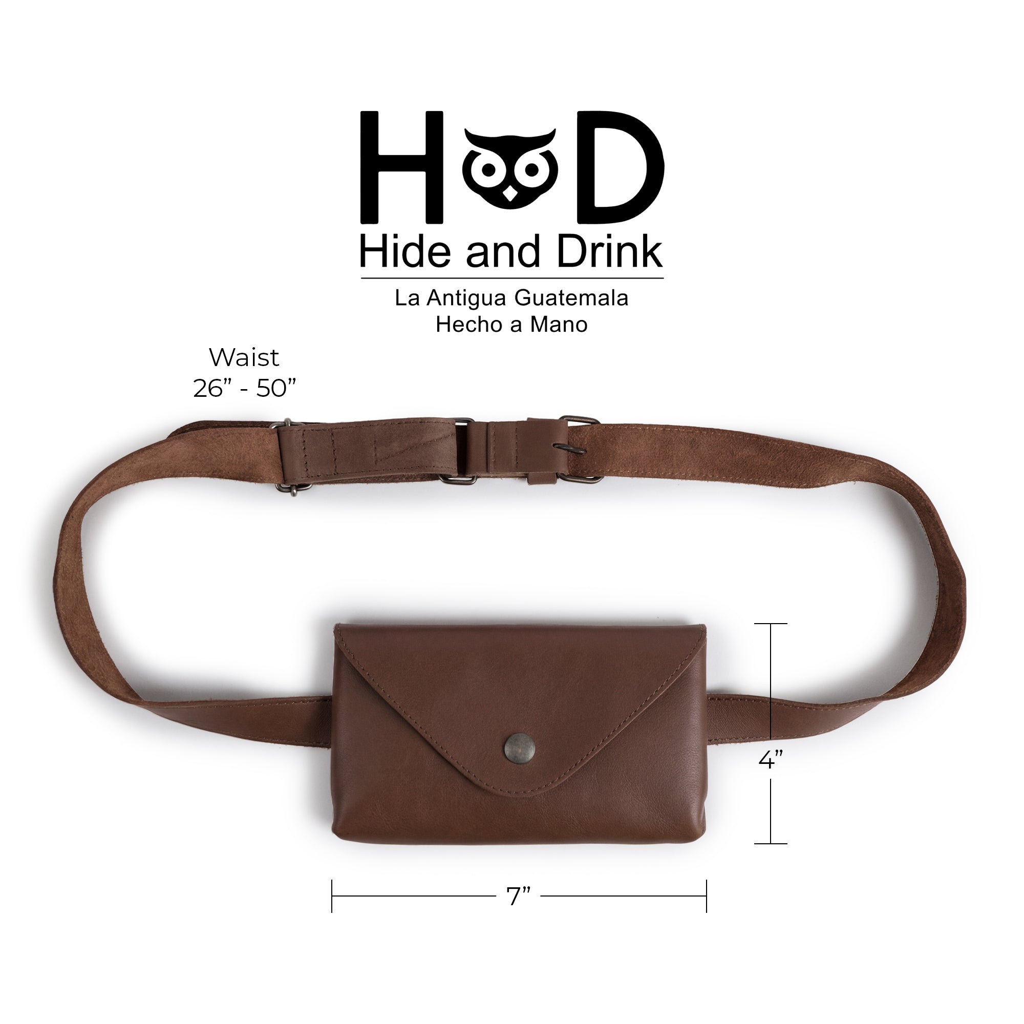 Specifications of Hide & Drink's Fancy Fanny Pack, highlighting its dimensions and craftsmanship. Made from full grain leather, this waist pouch combines function as a fanny pack and vintage purse. Handmade in small batches in La Antigua Guatemala, with fine artisan details.
