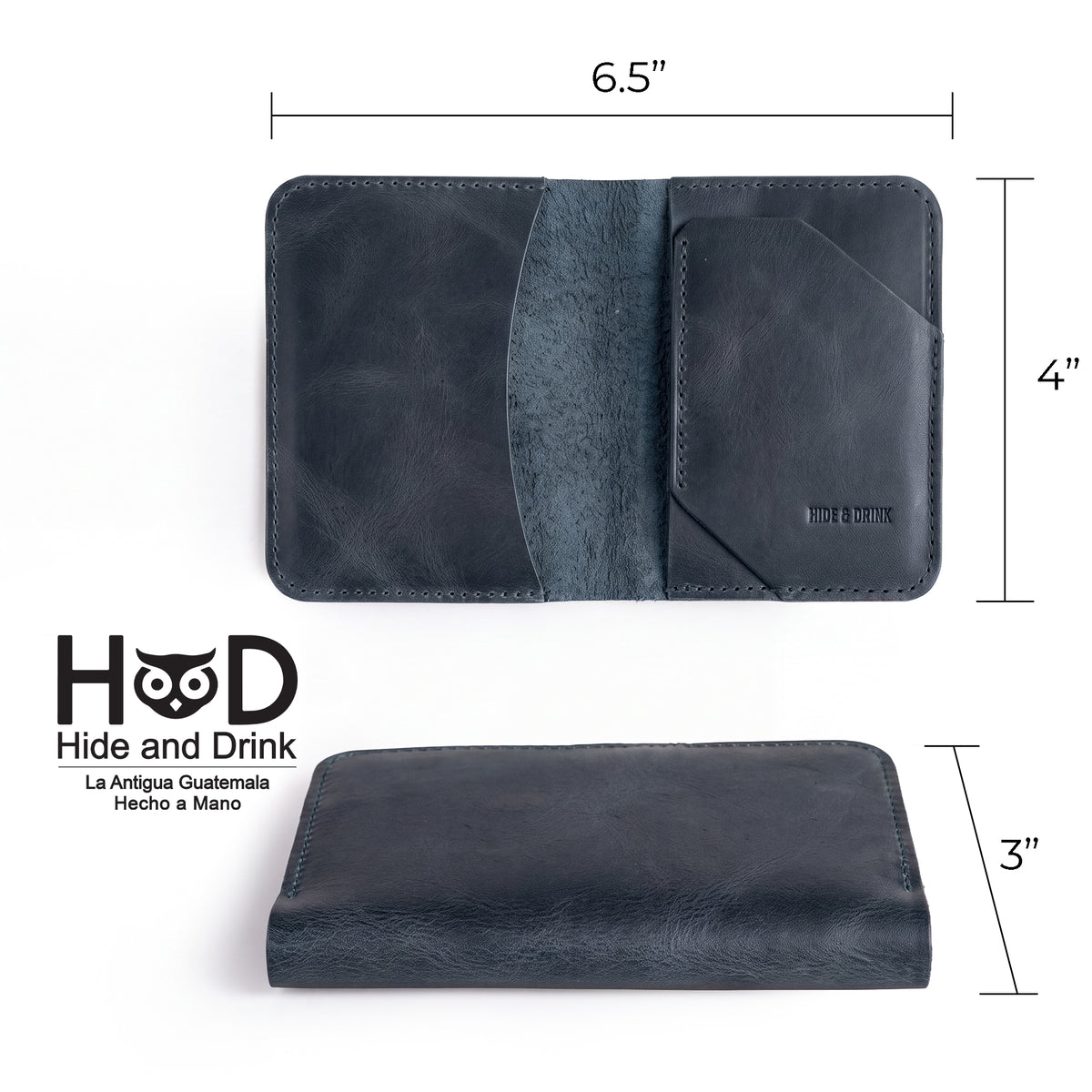 Inside view of the Bi-Fold Card Wallet Diagonal by Hide & Drink in navy-colored full grain leather, showcasing minimalist style while holding cards and folded cash.v
