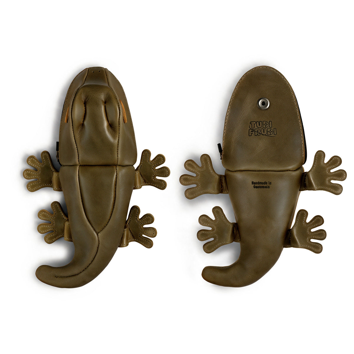 Tudi Frudi Gecko Pouch Gecko Pencil Pouch shown front and back to highlight its Full Grain Leather construction, playful design, and use as a Small Pen Organizer, Zippered Holder Wallet for Coins, Change Purse, Money Pouches for Men and Women, and Cable Holder; StockyardX Small Batch Production, Hand Cut, Hand Sewn, Fire Branded Artisan, Handmade in La Antigua Guatemala & Oaxaca Mexico.