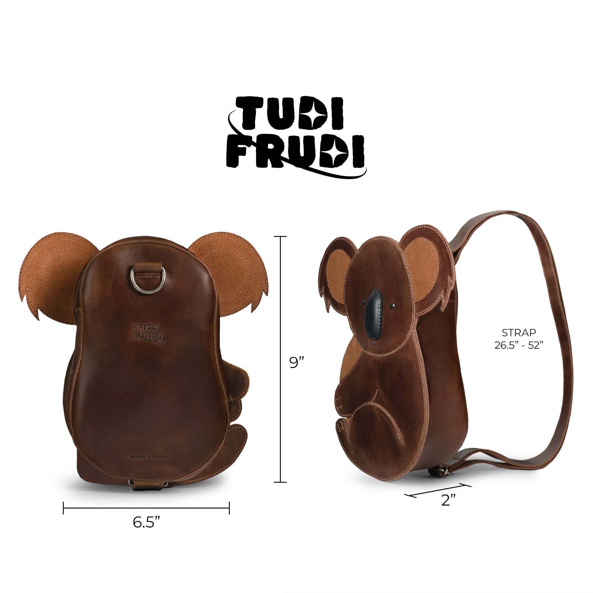Dimensions of the Tudi Frudi Leather Koala Crossbody Bag illustrated with professional graphics, detailing length and height. This unique handbag is crafted from full grain leather, serving as a functional purse and messenger bag, handmade in La Antigua Guatemala and Oaxaca Mexico.