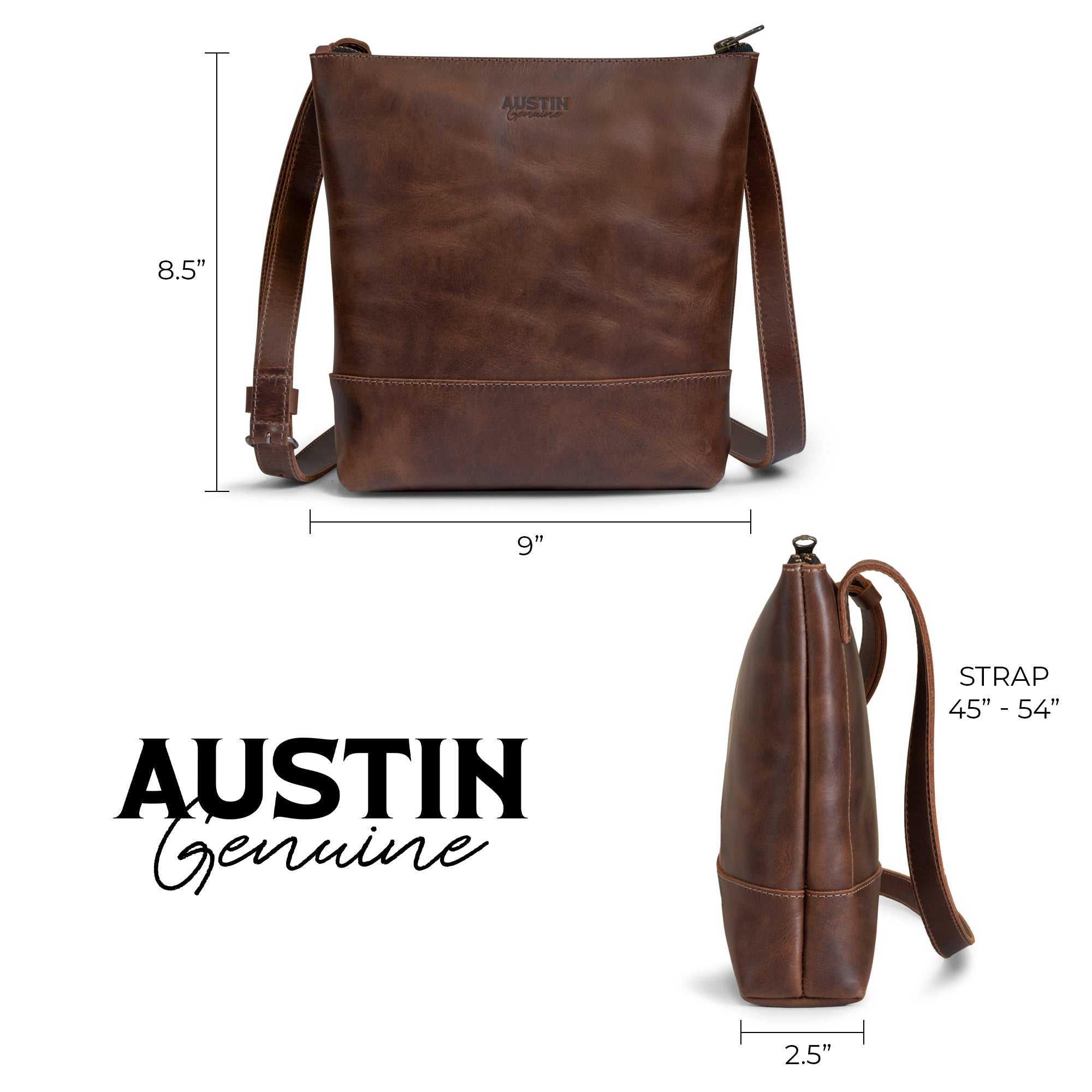 Dimensions of The Zilker Crossbody Bag by Austin Genuine, highlighting its stylish full grain leather design, inspired by the bold culture of Austin and handcrafted by artisans in La Antigua Guatemala & Oaxaca Mexico.
