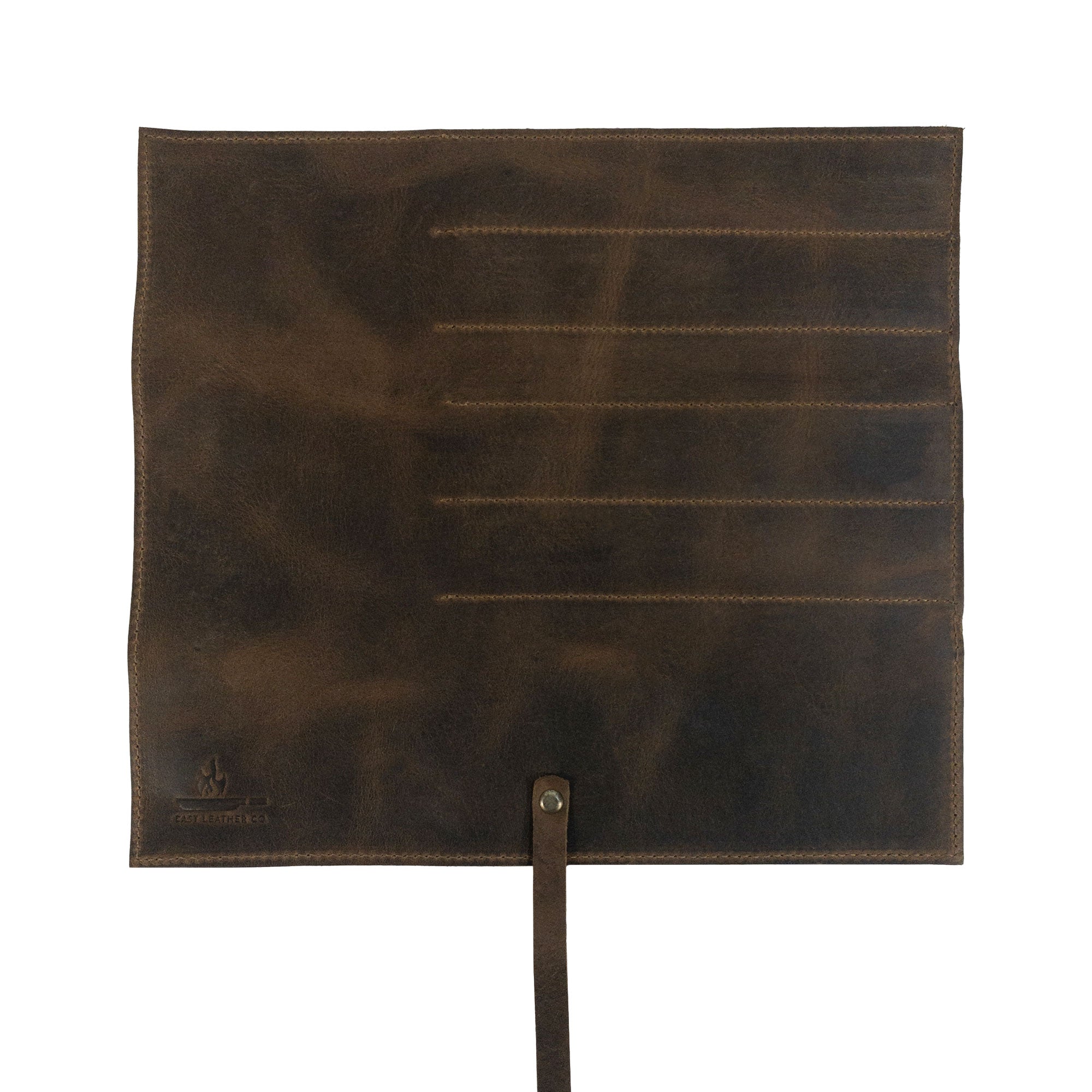 Flat view of the Rustic Roll Bag for Chopsticks showing the premium full grain leather texture, handcrafted by Cast Leather Co. Perfect for anyone seeking an elegant and functional kitchen organizer for their chopsticks. Rustic Roll Bag for Chopsticks, Rustic Roll for Chopsticks, Case for Bamboo Wooden Chopsticks, Kitchen Organizer, Full Grain Leather, StockyardX, Small Batch Production, Hand Cut, Hand Sewn, Fire Branded, Artisan, Handmade in La Antigua Guatemala & Oaxaca Mexico.