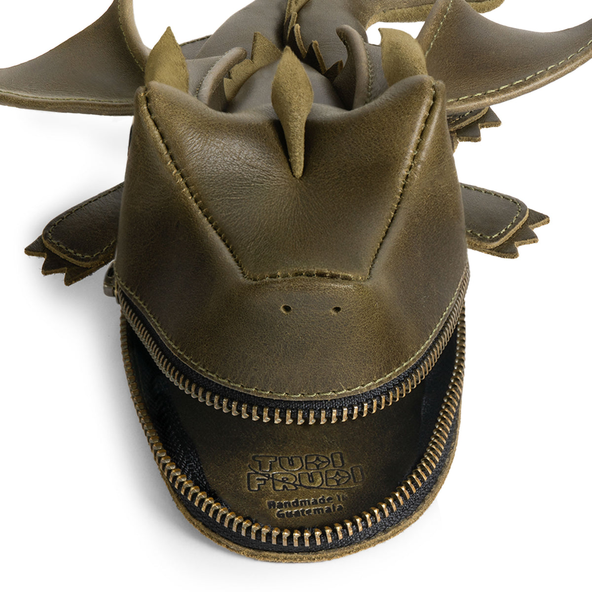 Close-up front view of the Tudi Frudi Leather Baby Dragon Pouch showing its leather dragon face, zipper, and handcrafted details; a Leather Baby Dragon Pencil  Pouch, Coin Purse, Small Charger Cable Holder, Change Bag, Scissors Case, and Purses & Pouches for Cash made from Full Grain Leather through Small Batch Production, Hand Cut and Hand Sewn by Artisan makers, Handmade in La Antigua Guatemala & Oaxaca Mexico, with a Fire Branded finish for Travel Zippered use.
