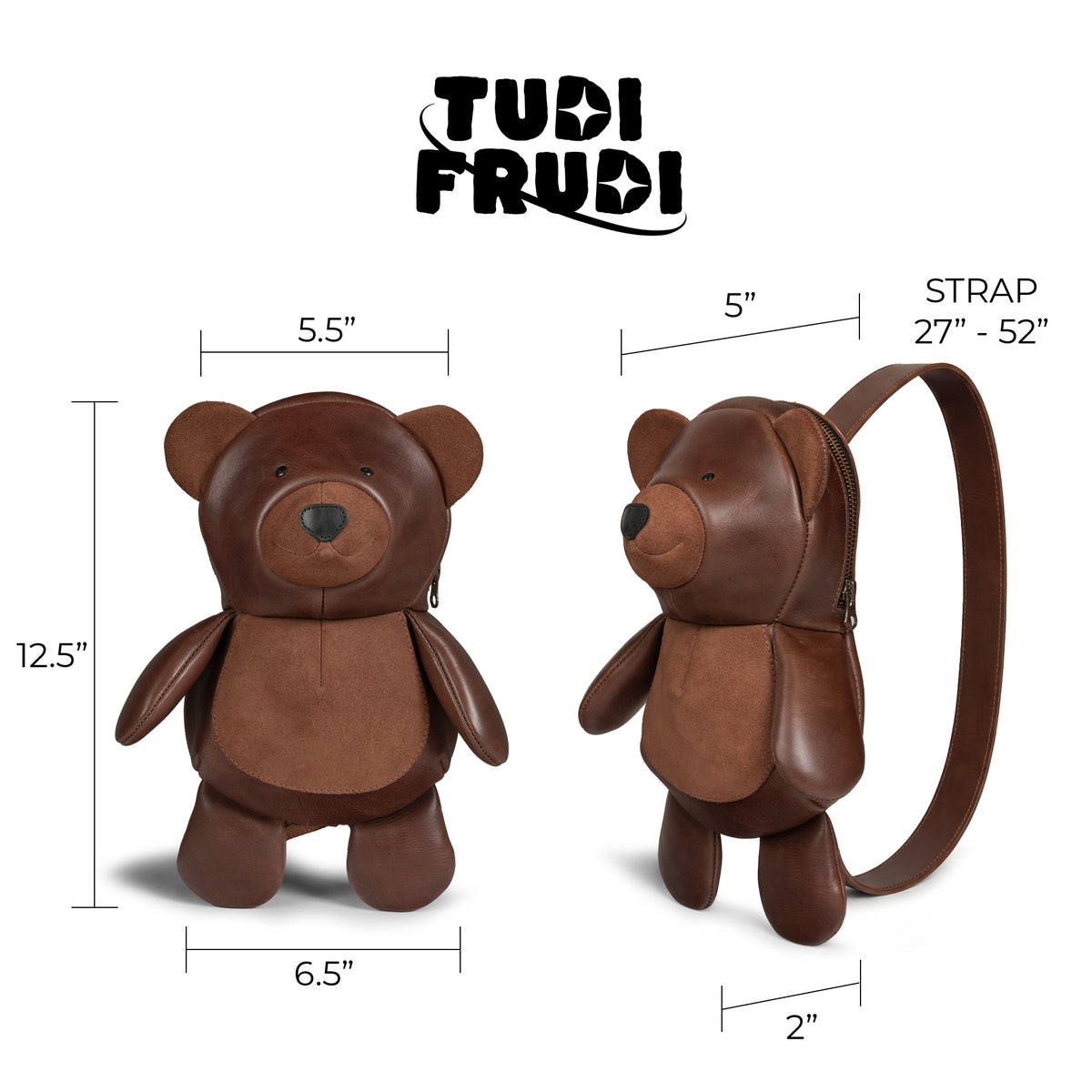 Tudi Frudi Leather Teddy Bear Crossbody Bag size and measurement graphic showing the teddy bear shape, 12.5-inch height, 6.5-inch width, 5-inch depth, and 27 to 52-inch Adjustable Shoulder Strap, suitable as a Messenger Bag, Shoulder Bag, Zippered Sling Bags, Travel Backpack, Purses for Men and Women, and Satchel, made from Full Grain Leather by StockyardX through Small Batch Production, Hand Cut, Hand Sewn, Fire Branded, Artisan, Handmade in La Antigua Guatemala & Oaxaca Mexico.