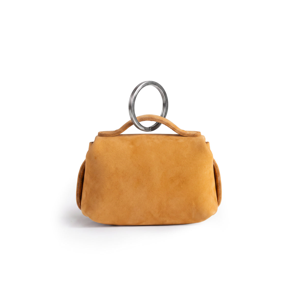 Back view of the mustard Tiny Handbag Keychain by Hide & Drink, displaying the charming design of a Tiny Handbag with Key Ring Holder made from Full Grain Leather. This product emphasizes Small Batch Production, is Hand Cut, Hand Sewn, and Fire Branded, representing Handmade craftsmanship from La Antigua Guatemala & Oaxaca Mexico.