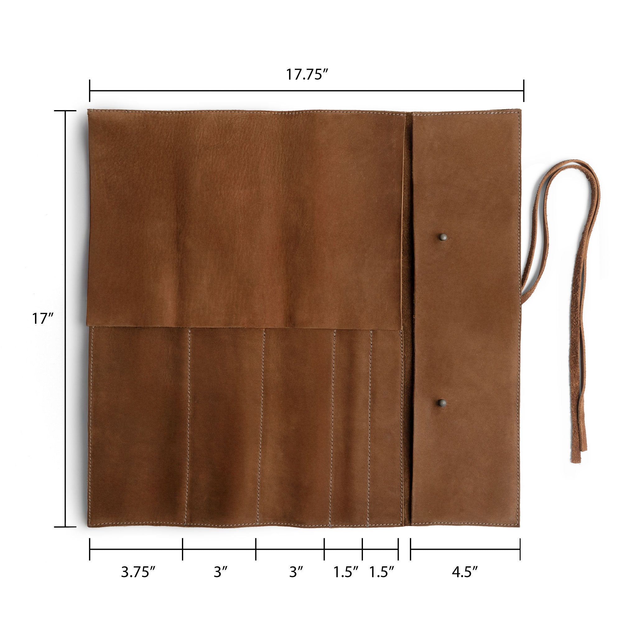 Hide & Drink Knife Roll (5 Pockets) displayed with measurements, crafted from rich Full Grain Leather. This Chef Knife Bag is an efficient portable carrying case for knives, reflecting high-quality handmade processes through small batch production, hand cut intricacies, and hand sewn details.