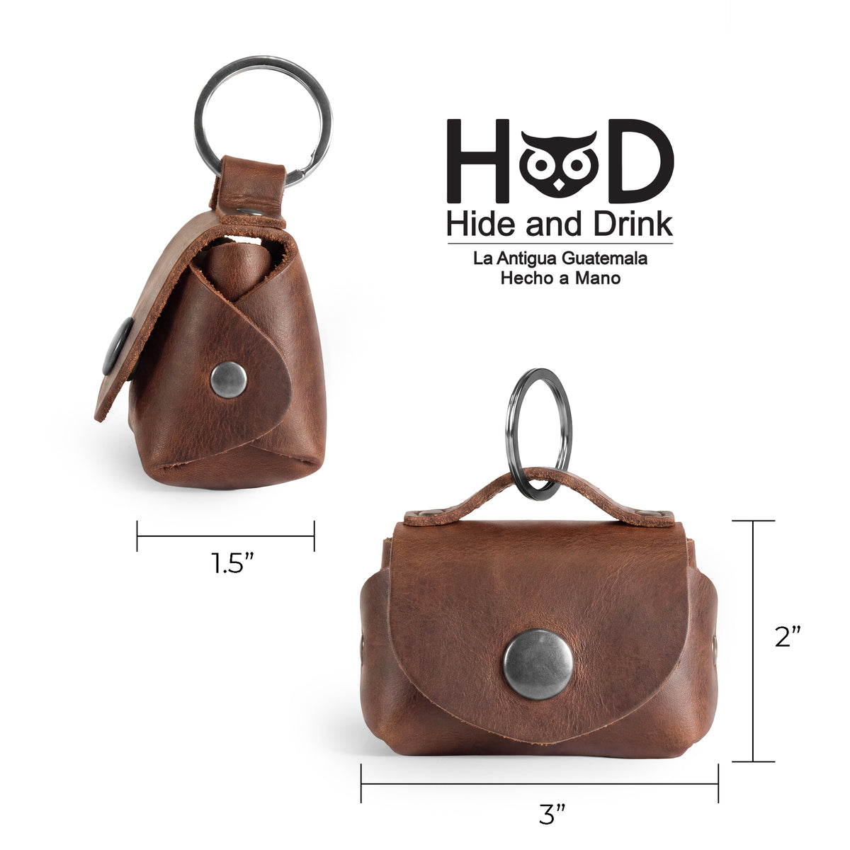 Front view of the Tiny Handbag Keychain, highlighting its rustic charm and key ring holder, made from full grain leather by Hide & Drink. This unique Tiny Handbag with Key Ring Holder combines craftsmanship with small batch production, hand cut, hand sewn, fire branded features, and it’s artisan-made in La Antigua Guatemala & Oaxaca Mexico.