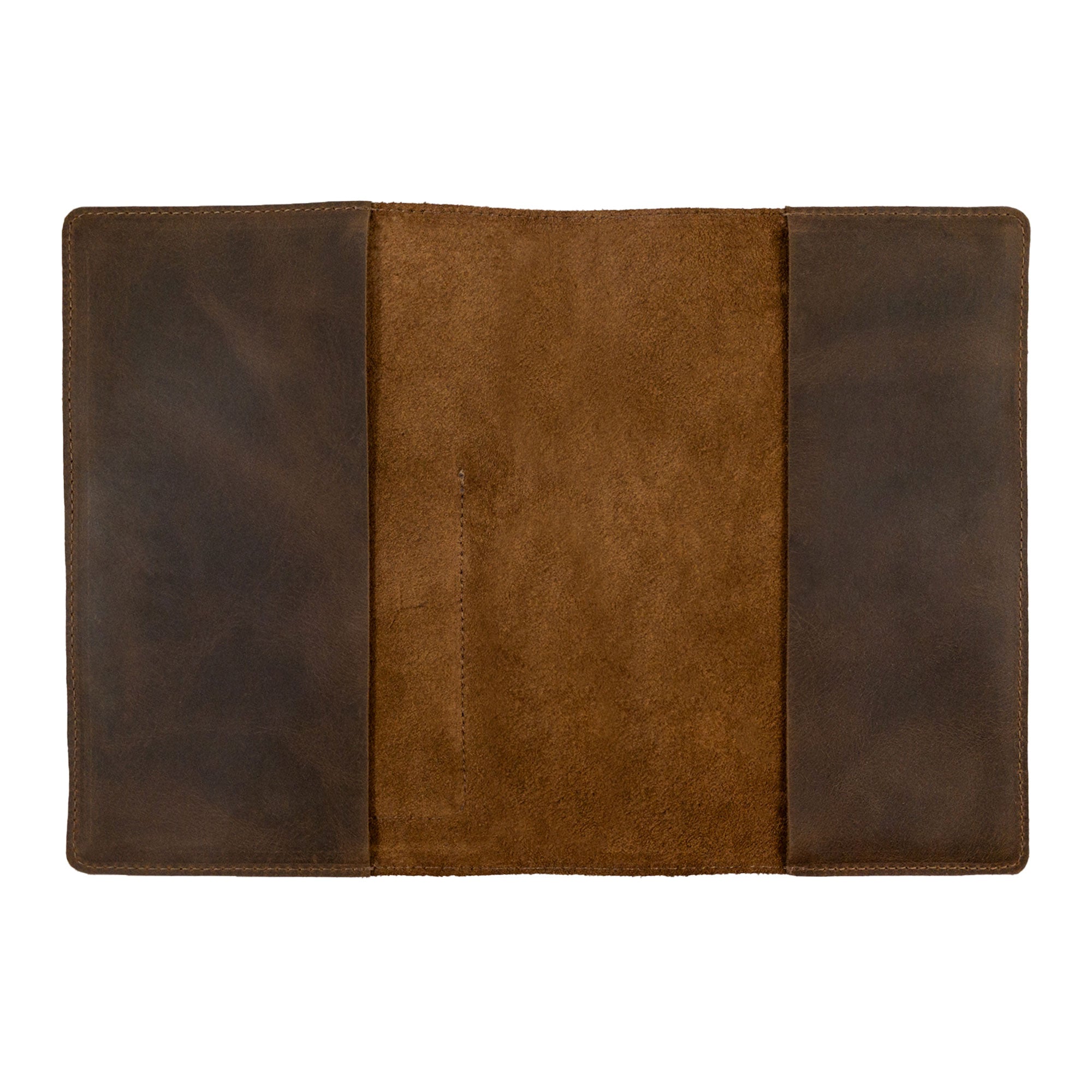 Interior of the Rustic Journal Cover for Hardcover A5 Notebook by La Antigua, emphasizing its spacious pockets. This stylish protective cover for the Hardcover Leuchtturm A5 (5.75 x 8.25 in.) Notebook is made from full grain leather, offering an attractive writing accessory for anyone who loves journaling. Handcrafted in Antigua Guatemala, this item reflects quality and care in small batch production.