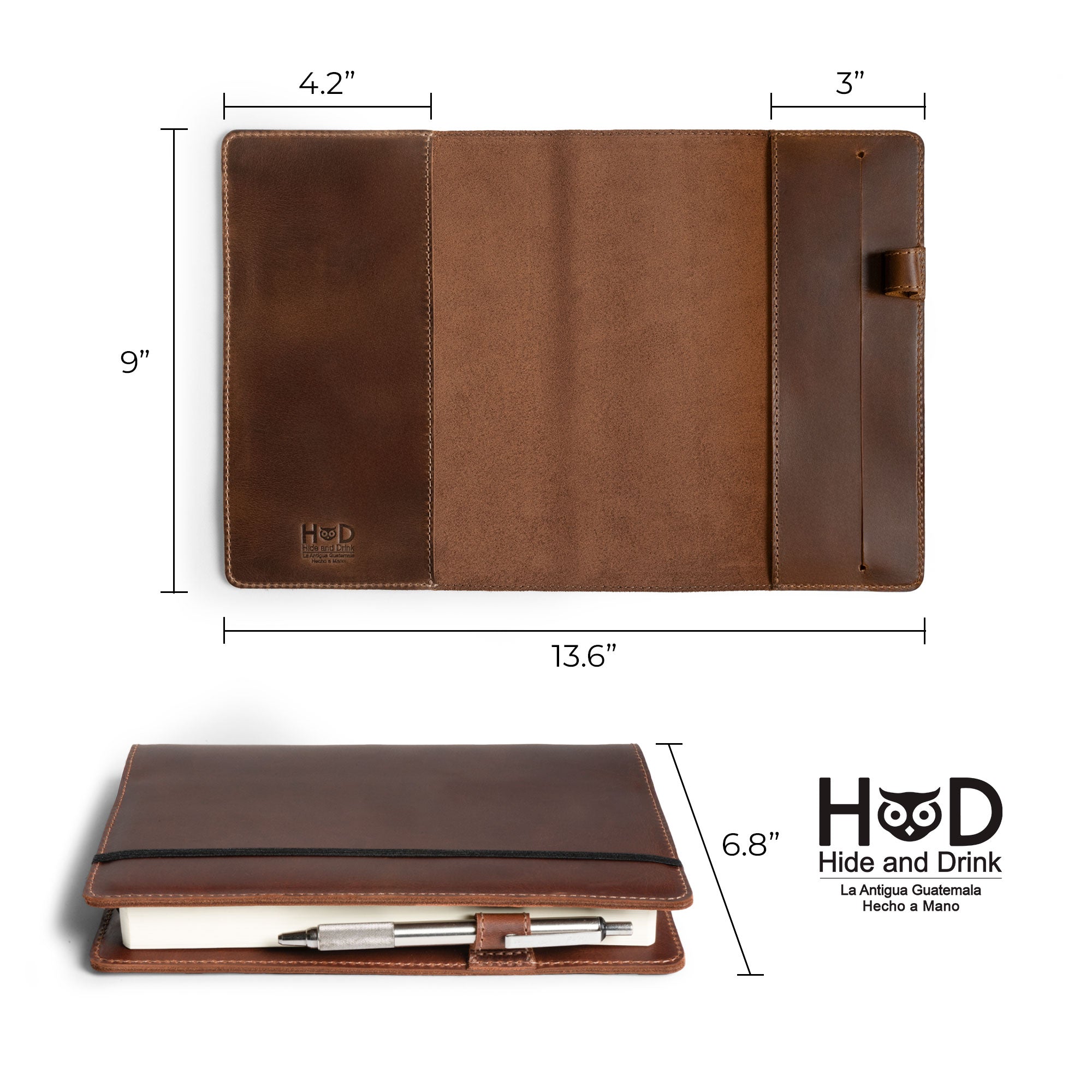 Dimensions of the Cover for Leuchtturm1917 Notebook 411 Hardcover A5 Size (145 x 210 mm) by Hide & Drink laid out alongside a silver pen. This journal case, made from full grain leather, showcases its practical design that is handcrafted in La Antigua Guatemala & Oaxaca Mexico, perfect for elevating your writing experience.