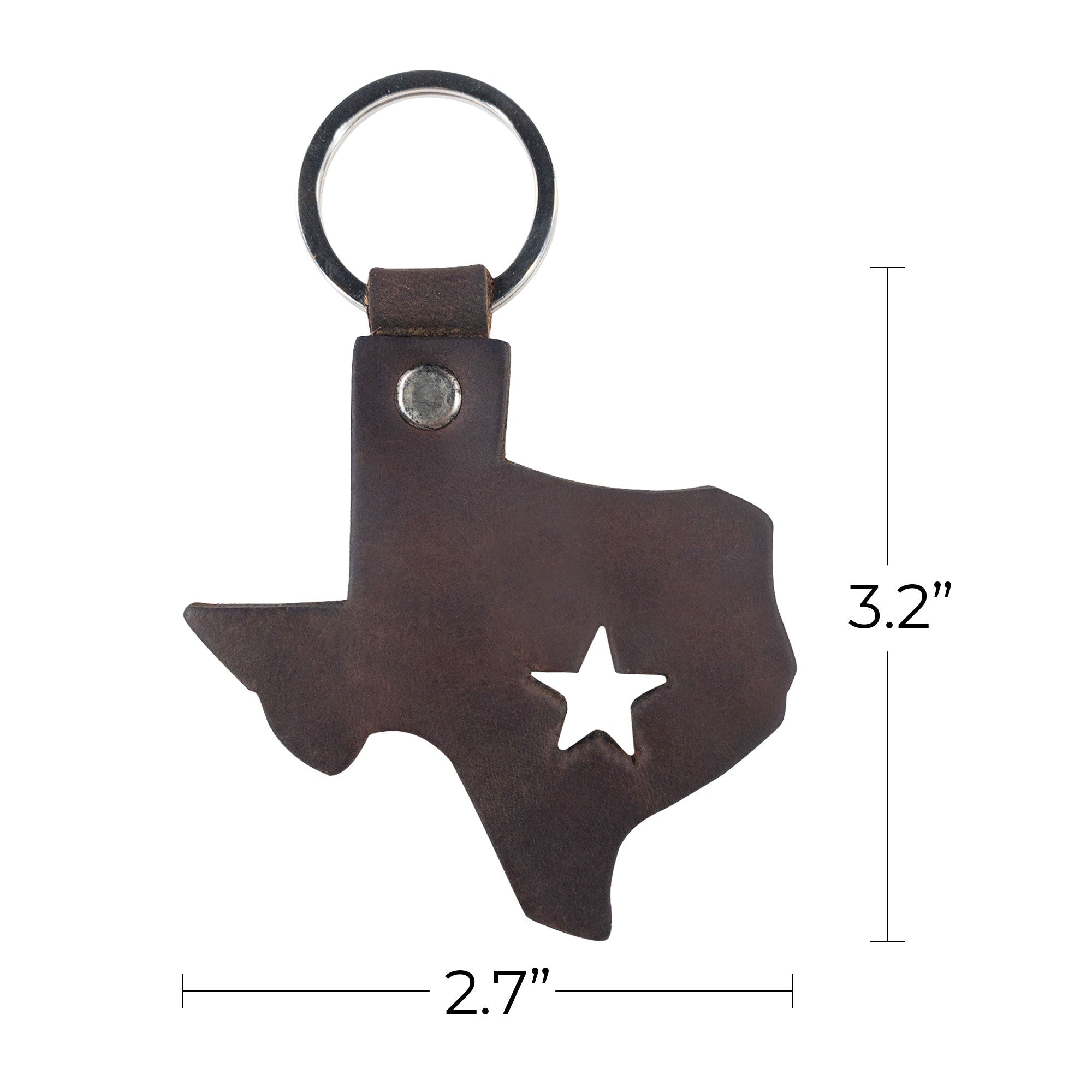 Dimensions of a Texas State Keychain made from thick full grain leather, complete with a star cutout and measuring 2.7 by 3.2 inches. This artisan piece, handcrafted by Hide & Drink, serves as a remarkable Texas souvenir from the rich artisan culture of Guatemala & Mexico.