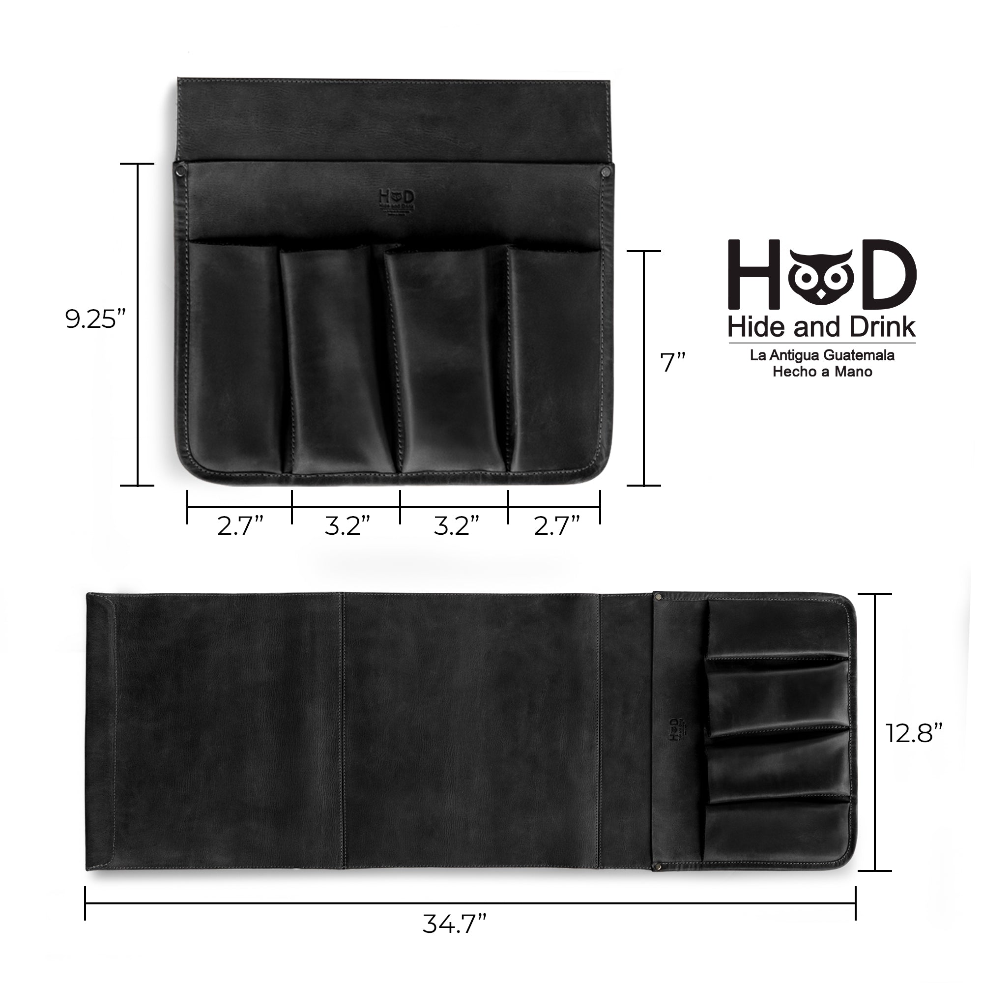 Hide & Drink Remote Control Holder showcasing its elegant leather finish, designed with multiple pockets for easy access to remotes and magazines. A fantastic sofa armrest organizer pouch, handmade in La Antigua Guatemala, illustrating traditional craftsmanship.