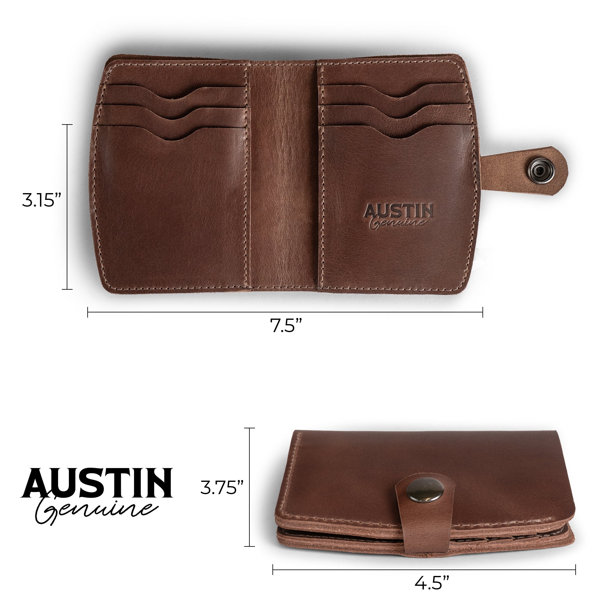 Austin Genuine The Waterloo Bifold Wallet shown open with multiple card slots, snap tab, and dimension measurements in Full Grain Leather. StockyardX, Small Batch Production, Hand Cut, Hand Sewn, Fire Branded, Artisan, Handmade in La Antigua Guatemala & Oaxaca Mexico.