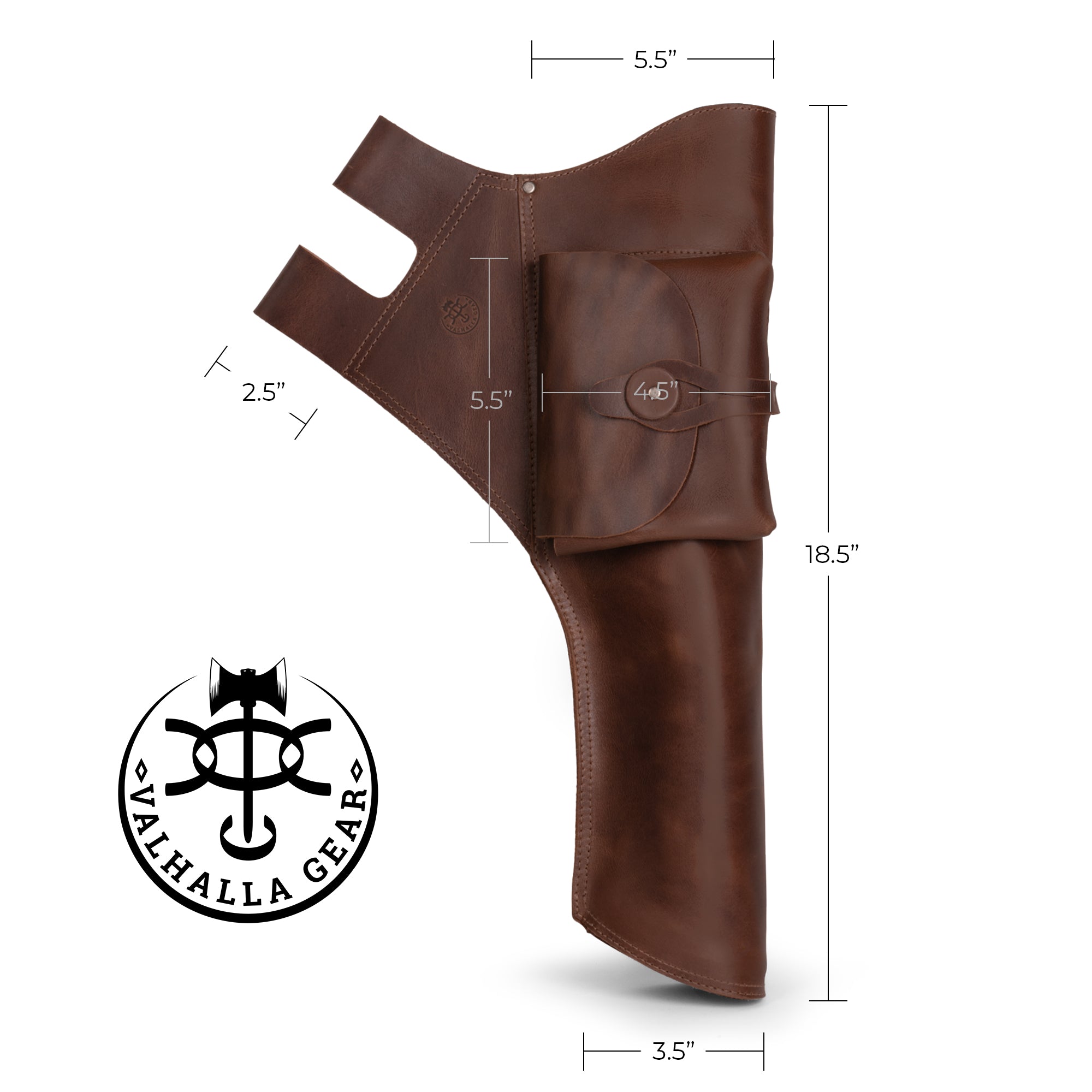 The Bowman, Hip Quiver by Valhalla Gear displays the dimensions of this expertly crafted quiver, which serves as a reliable Waist Quiver for Target Archery. This unique carrier for archers is a side bag for arrows, made from durable full grain leather. Each piece boasts hand cut, hand sewn design elements reflecting artisan quality, produced in small batches, and handmade in La Antigua Guatemala & Oaxaca Mexico.