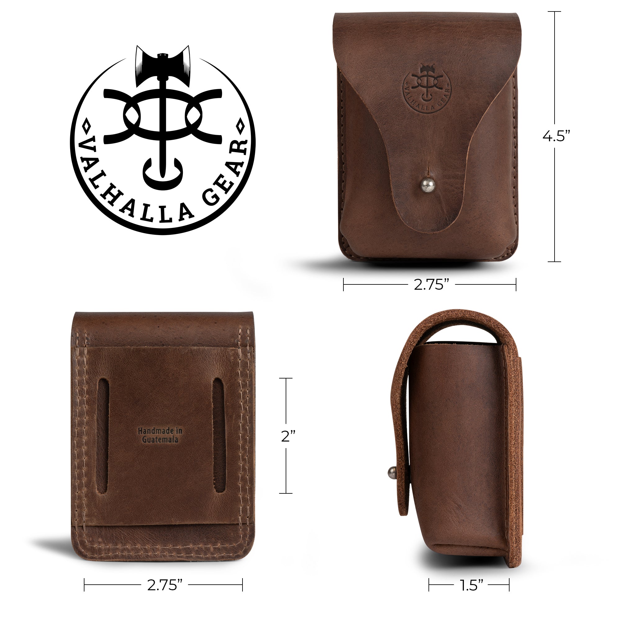 Different angles of Valhalla Gear's The Herne, Bushcraft Belt Pouch with dimensions noted, showcasing its design as a handy Utility Belt Pouch for Tools. This piece, crafted from Full Grain Leather, serves as a great Bushcraft Bag and reflects the small batch, artisan quality of Hand Cut and Hand Sewn production in La Antigua Guatemala.