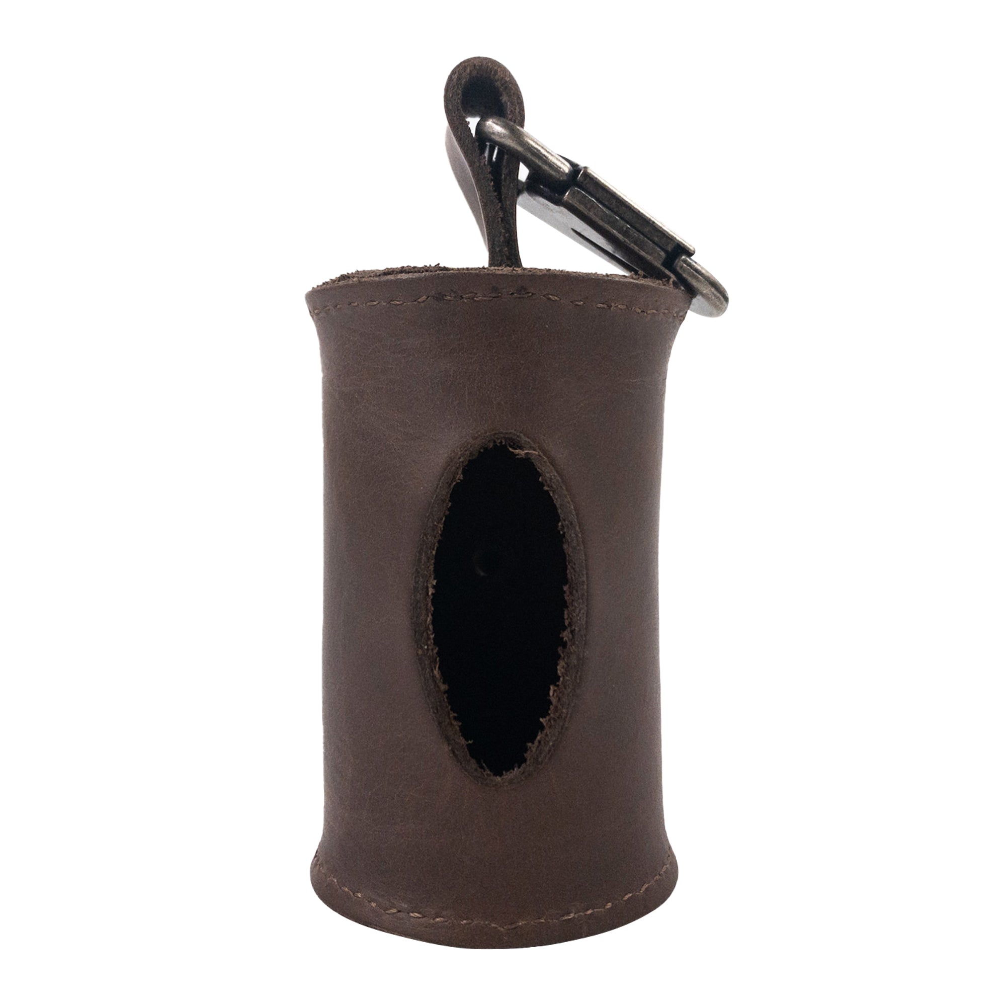Doggie Bag Dispenser by Hide & Drink showcasing the leather craftsmanship with a visible opening for easy bag access. This stylish and durable poop bag holder is made from full grain leather and includes a brass metal clip, perfect for dog walkers.