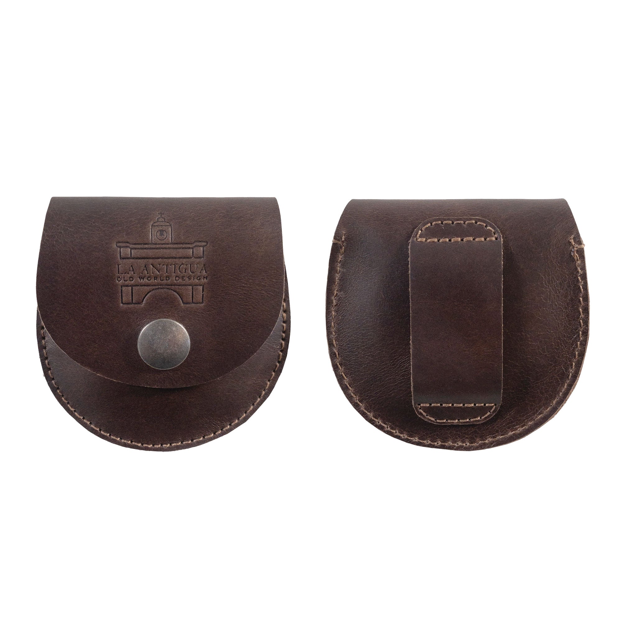 Front and back view of the La Antigua Compass Case highlighting its classic pouch and secure closure. This protective bag with loop, made from full grain leather, emphasizes artisan craftsmanship from La Antigua Guatemala & Oaxaca Mexico, perfect for carrying outdoor accessories.