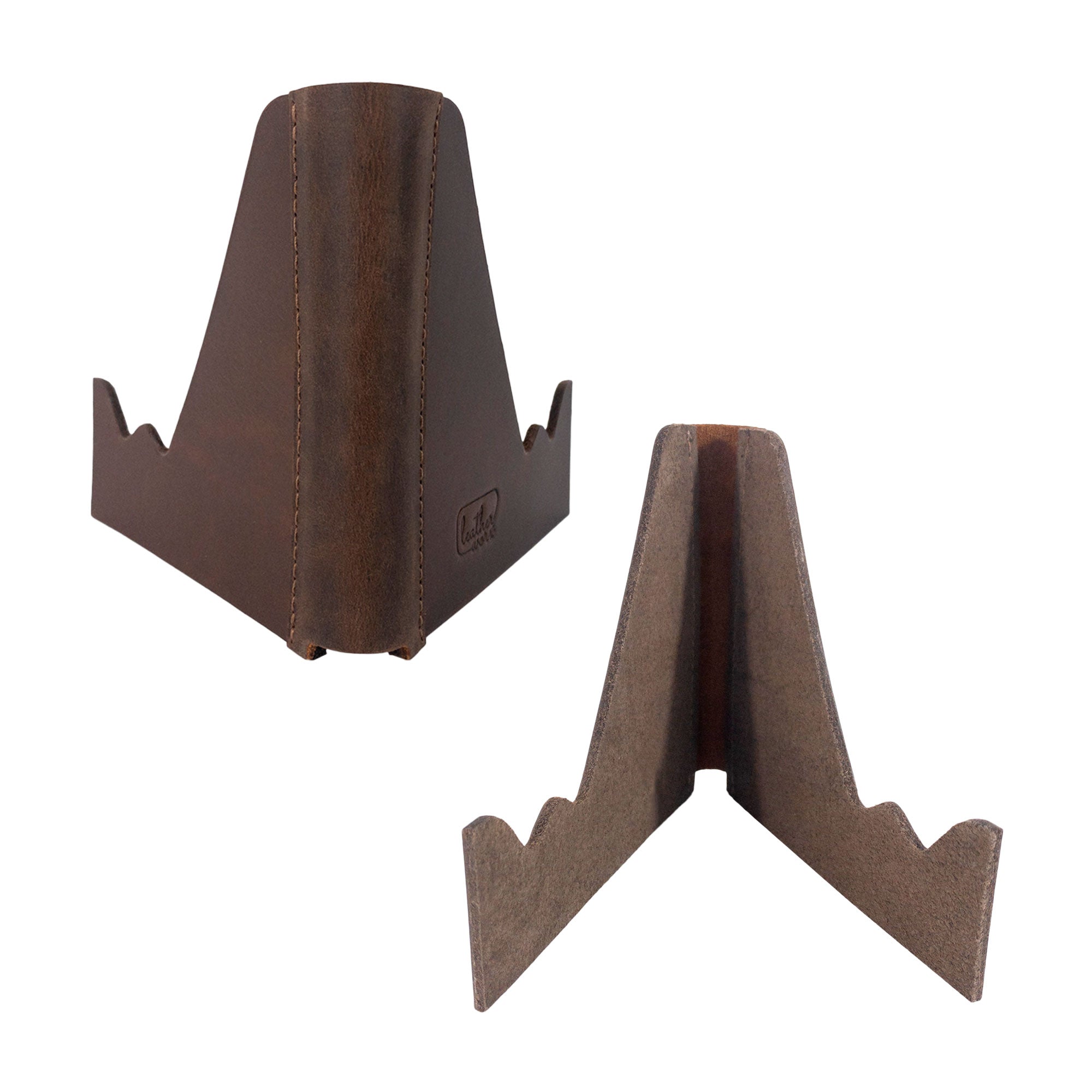 The Leather Worx Cell Phone Stand for Desk presented upright, revealing its smart foldable design that supports a smartphone. This rustic Cell Phone Holder is an essential office accessory crafted from full grain leather, representing small batch production and highlighting artisan skills in La Antigua Guatemala & Oaxaca Mexico, with its hand cut and fire branded features.