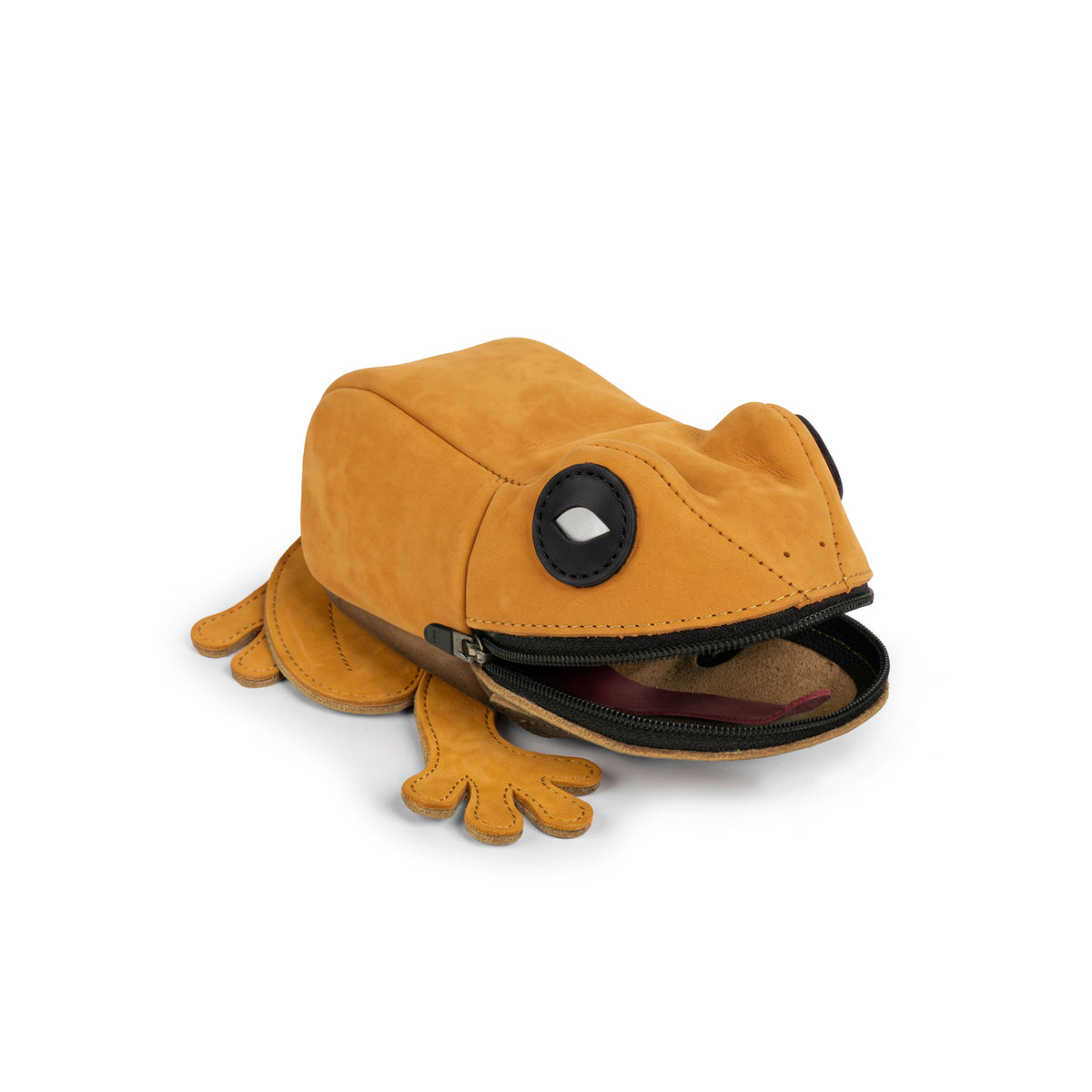 Tudi Frudi Frog Pouch displayed at an angle with its zipper partially open, highlighting the frog face and leather feet; a versatile Frog-Shaped Pouch, Cable Organizer, Small Accessory Case, Zippered Cash Holder Wallet for Coins, and Change Purse for Pouches for Men and Women. Crafted from Full Grain Leather with StockyardX Small Batch Production, it is Hand Cut, Hand Sewn, Fire Branded, Artisan, and Handmade in La Antigua Guatemala & Oaxaca Mexico.