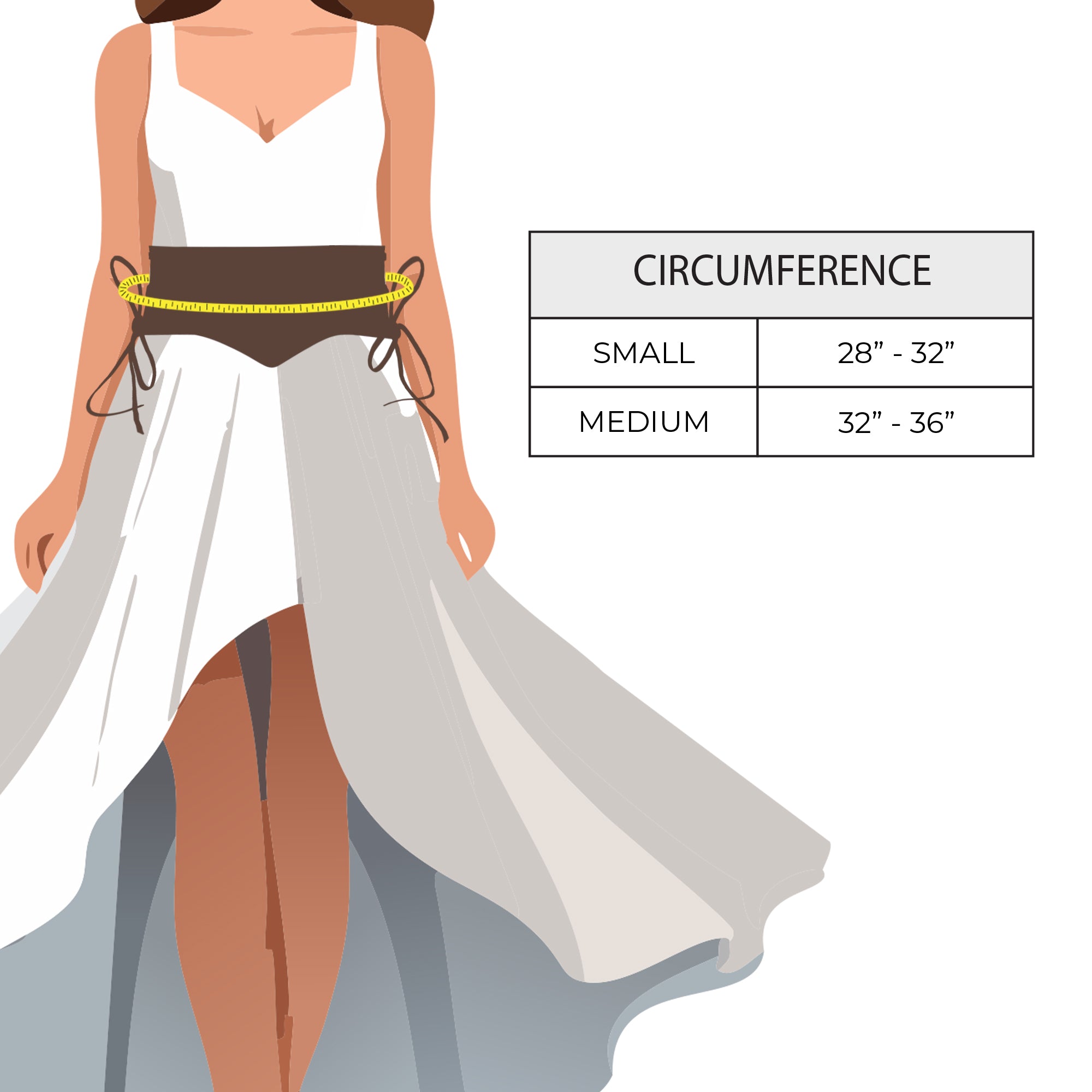 Illustration showing size options for the Lace-up Corset Waist Belt for Women by Hide & Play, featuring various measurements for a perfect fit. This vintage cinch belt is made from full grain leather and showcases artisan craftsmanship through small batch production. Handmade in La Antigua Guatemala & Oaxaca Mexico.