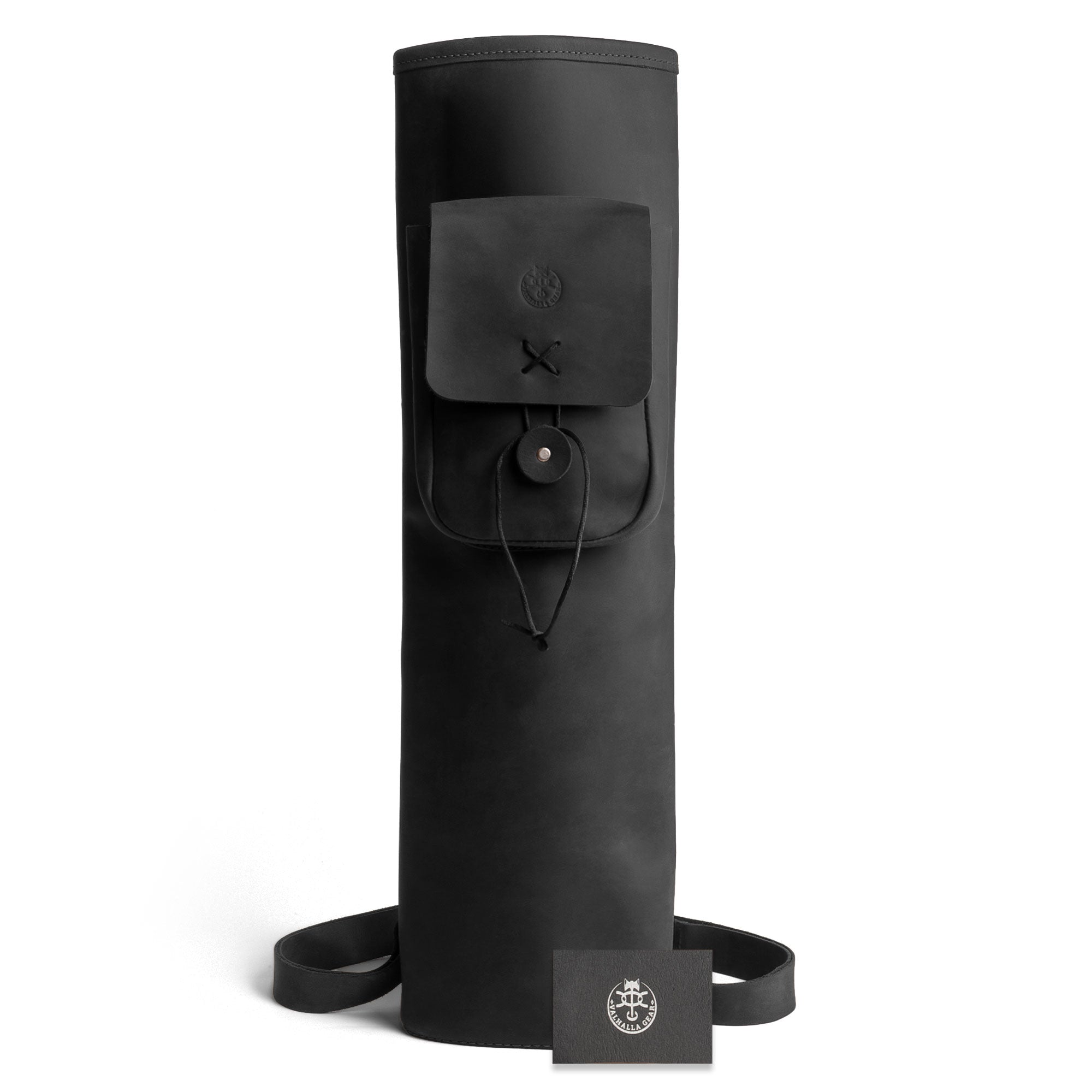 Elegant black Premium Back Quiver by Valhalla Gear, standing proud with its refined design. Featuring a Rectangular Back Quiver with Adjustable Straps, it serves as a perfect Handmade Arrow Quiver Holder for Arrows, ideal for Archery Sports and Bow Hunting. Made from Full Grain Leather, this quiver encapsulates the essence of Small Batch Production, Hand Cut, and Hand Sewn excellence.