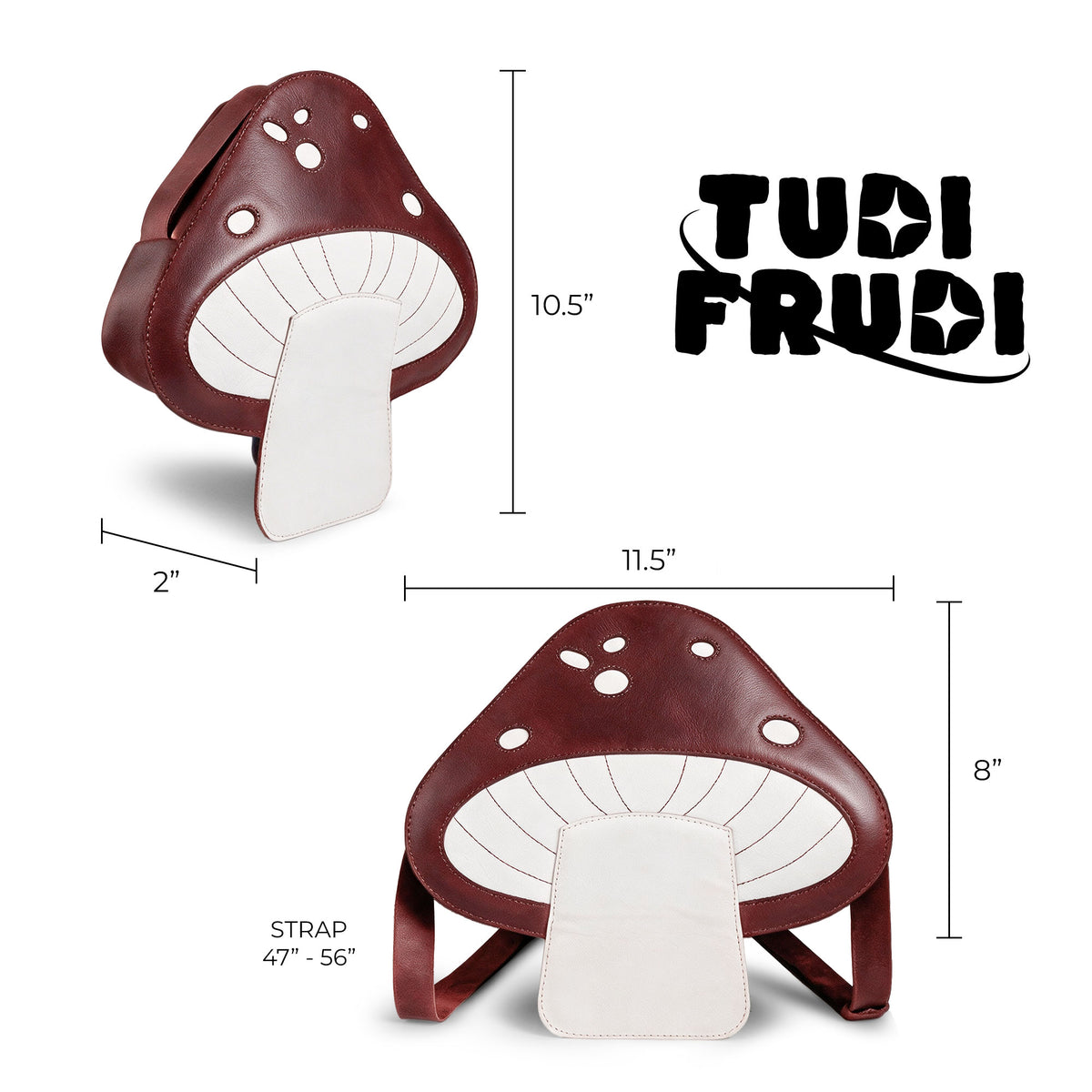 Dimensions of the Mushroom-Shaped Leather Shoulder Bag by Tudi Frudi are displayed, emphasizing its functionality as a crossbody and messenger bag. Made from durable Full Grain Leather, this artisan piece reflects small batch production methods and is handmade in La Antigua Guatemala.