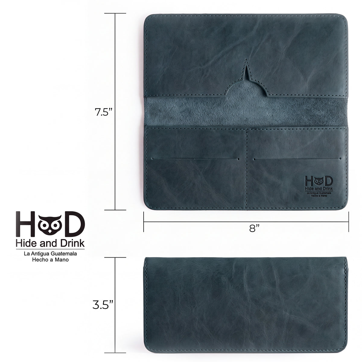Open view of the rustic bifold wallet for cellphone by Hide & Drink, featuring card and cash compartments. This practical Bifold Wallet for Cellphone showcases high-quality Full Grain Leather, blending functionality with style. Handcrafted through small batch production in La Antigua Guatemala & Oaxaca Mexico.