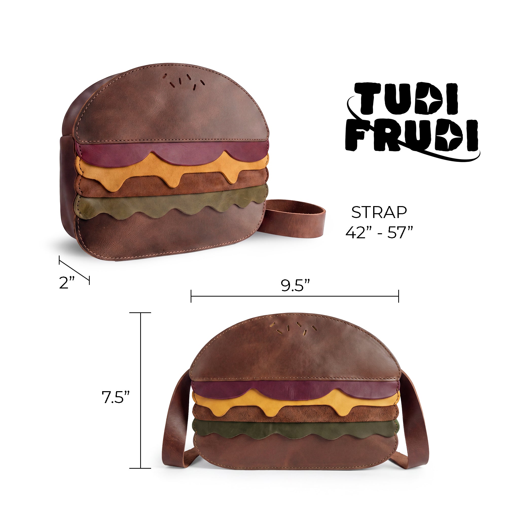 Side dimensions and measurements of the Burger-Shaped Shoulder Bag by Tudi Frudi, showcasing its compact yet roomy design. This Full Grain Leather bag is a stylish choice as a Crossbody Bag or Messenger Bag, reflecting artisan craftsmanship from small batch production. Handmade in La Antigua Guatemala & Oaxaca Mexico, it's a delightful Travel Accessory.