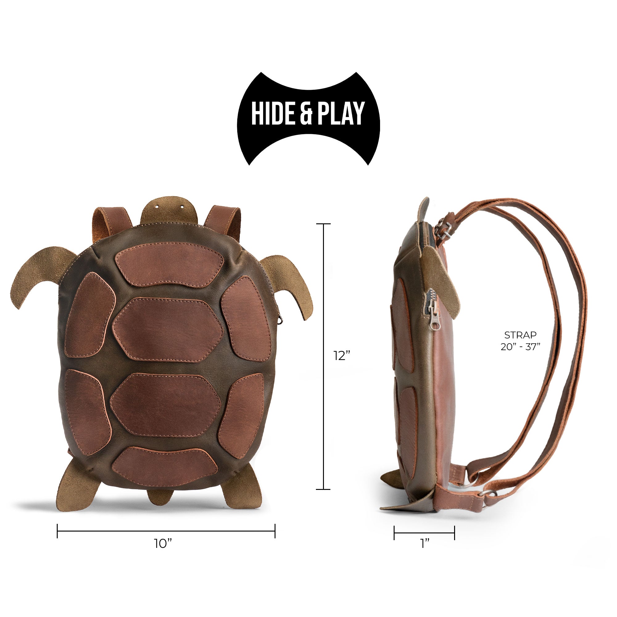 The dimensions of the Turtle-Shaped Backpack by Hide & Play, highlighting its practical size and features. This bag is great for use as a Casual Bag, Messenger Bag, or Travel Bag for Men and Women. Crafted from Full Grain Leather, it embodies StockyardX's Small Batch Production philosophy with exquisite hand cut and hand sewn artistry made in La Antigua Guatemala.