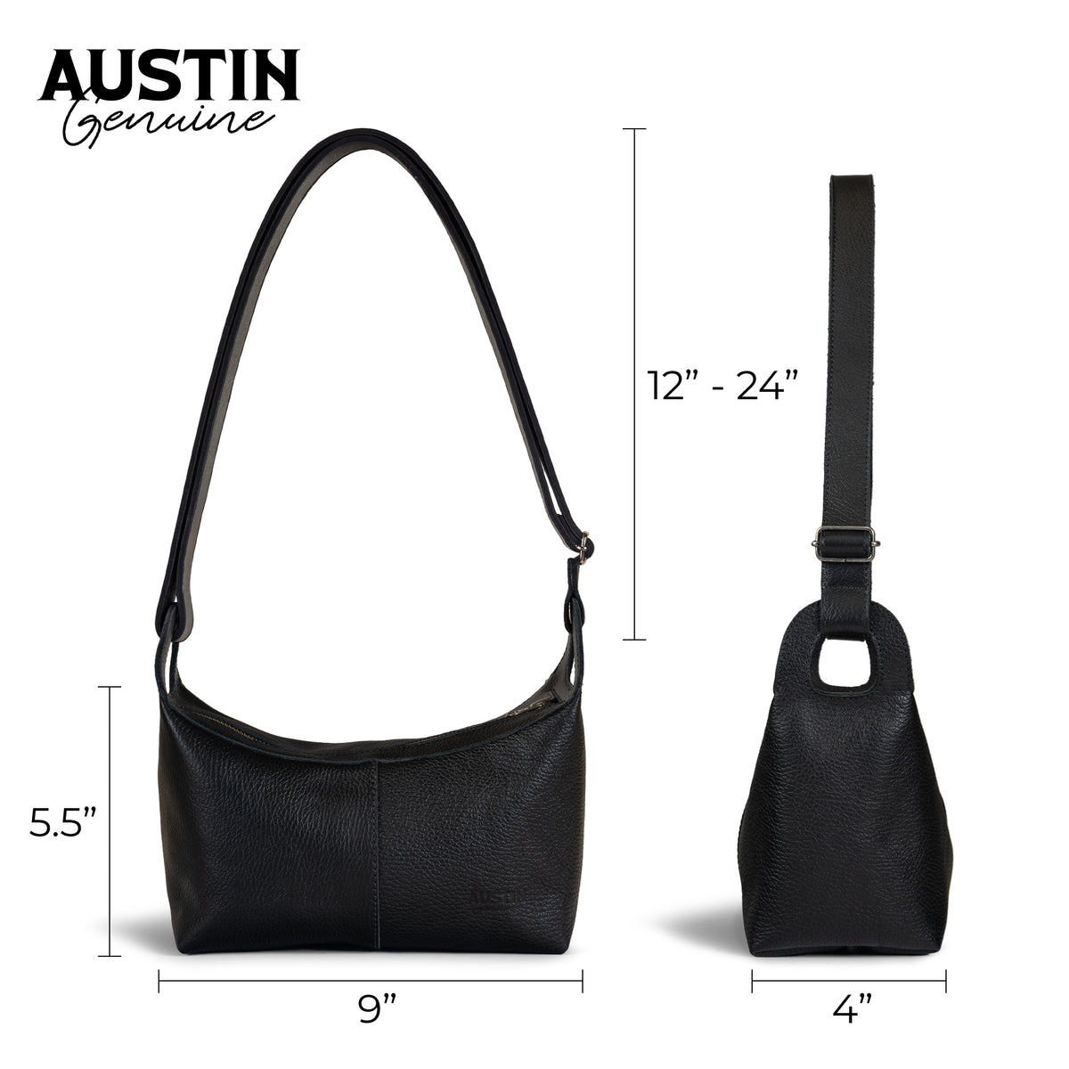 Close-up of the Austin Genuine The Mueller Hobo Shoulder Bag interior with a card pocket and zipper, highlighting textured Full Grain Leather, StockyardX Artisan quality, Small Batch Production, Hand Cut, Hand Sewn, Fire Branded construction, Handmade in La Antigua Guatemala & Oaxaca Mexico.