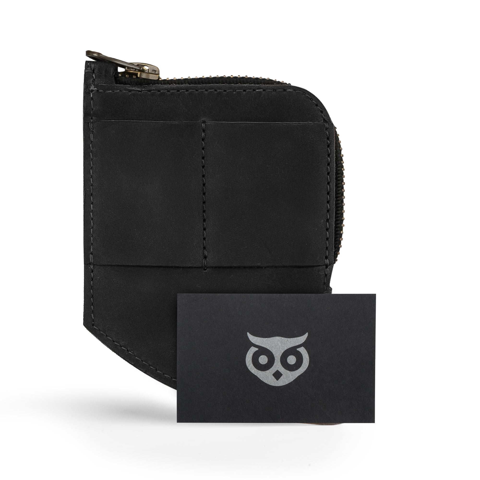 Hide & Drink EDC Pocket Wallet paired with a business card, showcasing its elegant design and adaptable use. This small batch, handmade wallet reflects artisan craftsmanship.