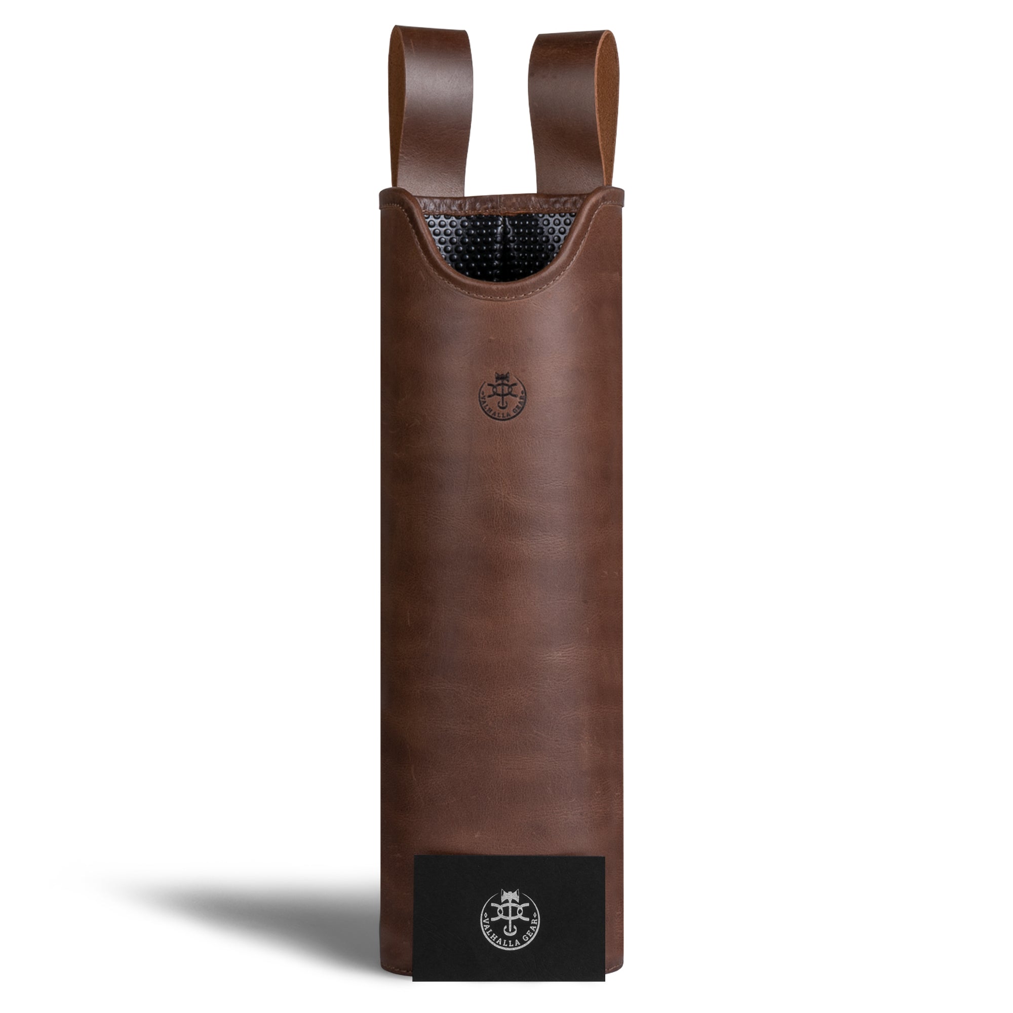 Front view of The Orval, Bolts Hip Quiver by Valhalla Gear, showcasing its sleek design and branding. Made of full grain leather, this artisan-crafted quiver is perfect as a waist cross bolt case and hip arrow holder for archers and hunters alike. Handmade in La Antigua Guatemala, its fire-branded logo signifies quality and care in small batch production.