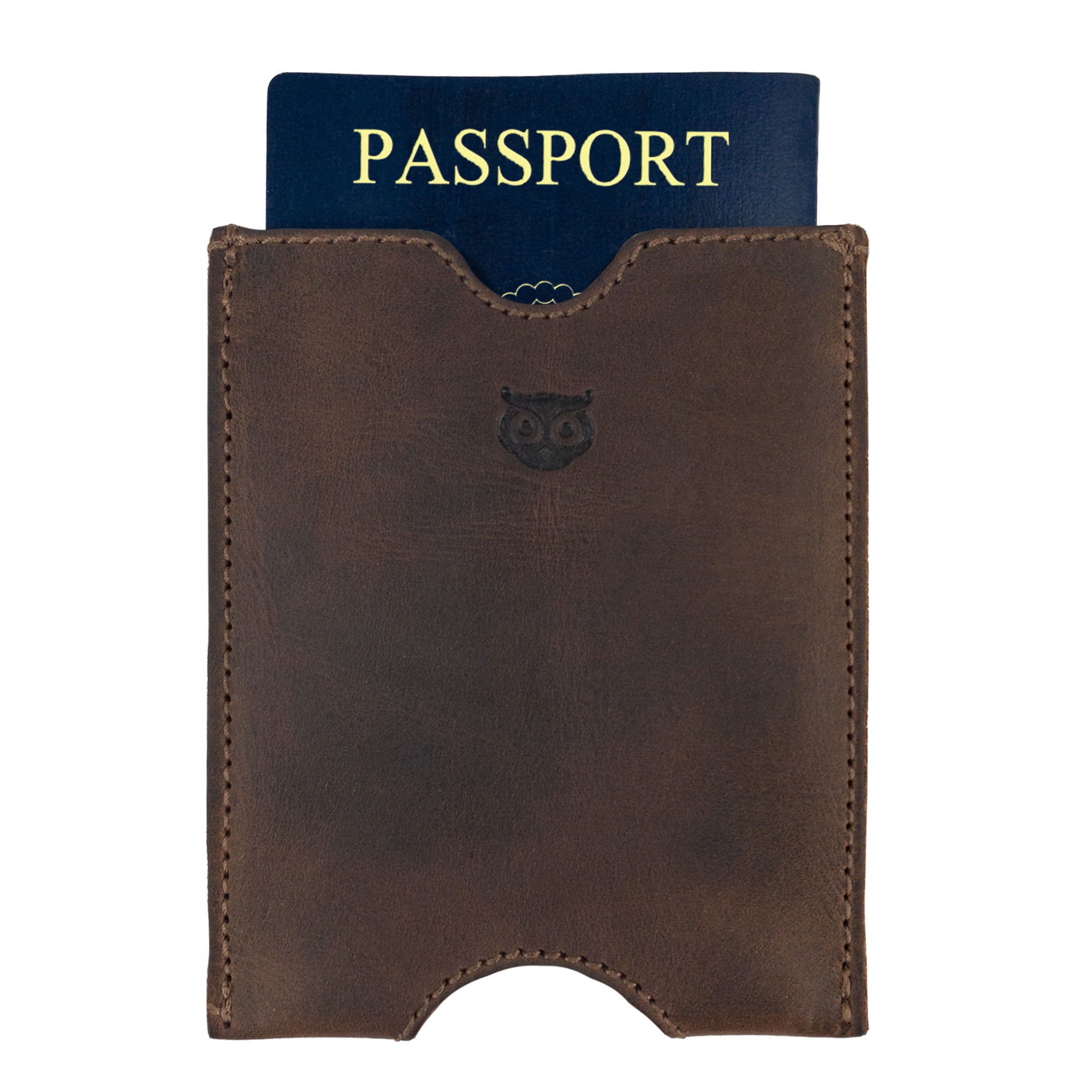 Hide & Drink Passport Sleeve featuring a passport tucked inside, demonstrating its function as a Travel Passport Pocket Sleeve. Crafted from Full Grain Leather, this handmade item is fire branded and ideal for keeping your travel essentials organized.