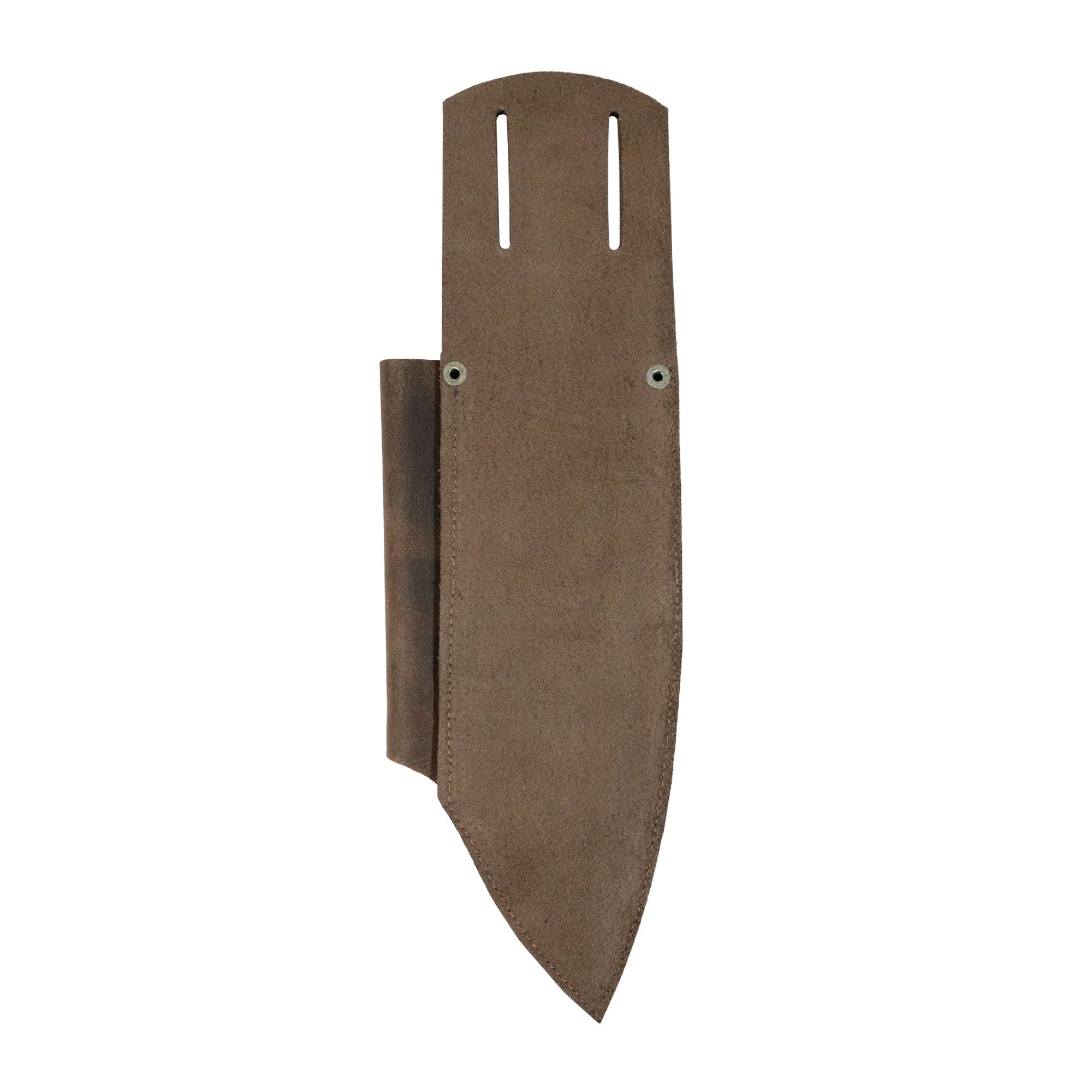 Knife Sheath with Sharpener Slot by Cast Leather Co., revealing the back view of the rustic sheath. This knife holster for belt is made from premium full grain leather, illustrating the artisanal craftsmanship from small batch production in La Antigua Guatemala.