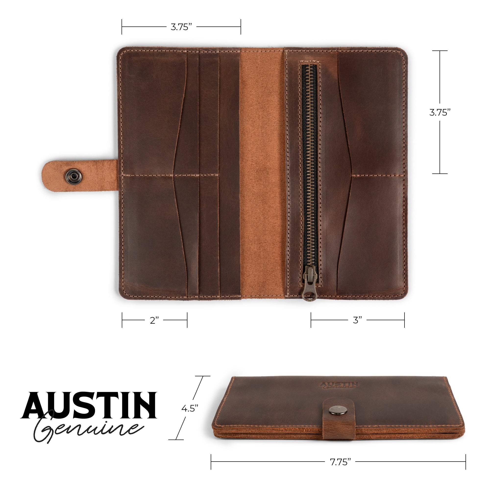 Dimensions and design specifications for The Lamar Long Bifold Wallet by Austin Genuine, emphasizing its thoughtful design and high-quality materials. This wallet is inspired by Austin’s bold passion, vibrant popular culture, and unmistakable Texas spirit, created using Full Grain Leather, Small Batch Production, Hand Cut, Hand Sewn, Fire Branded Artisan methods; handmade in La Antigua Guatemala & Oaxaca Mexico.