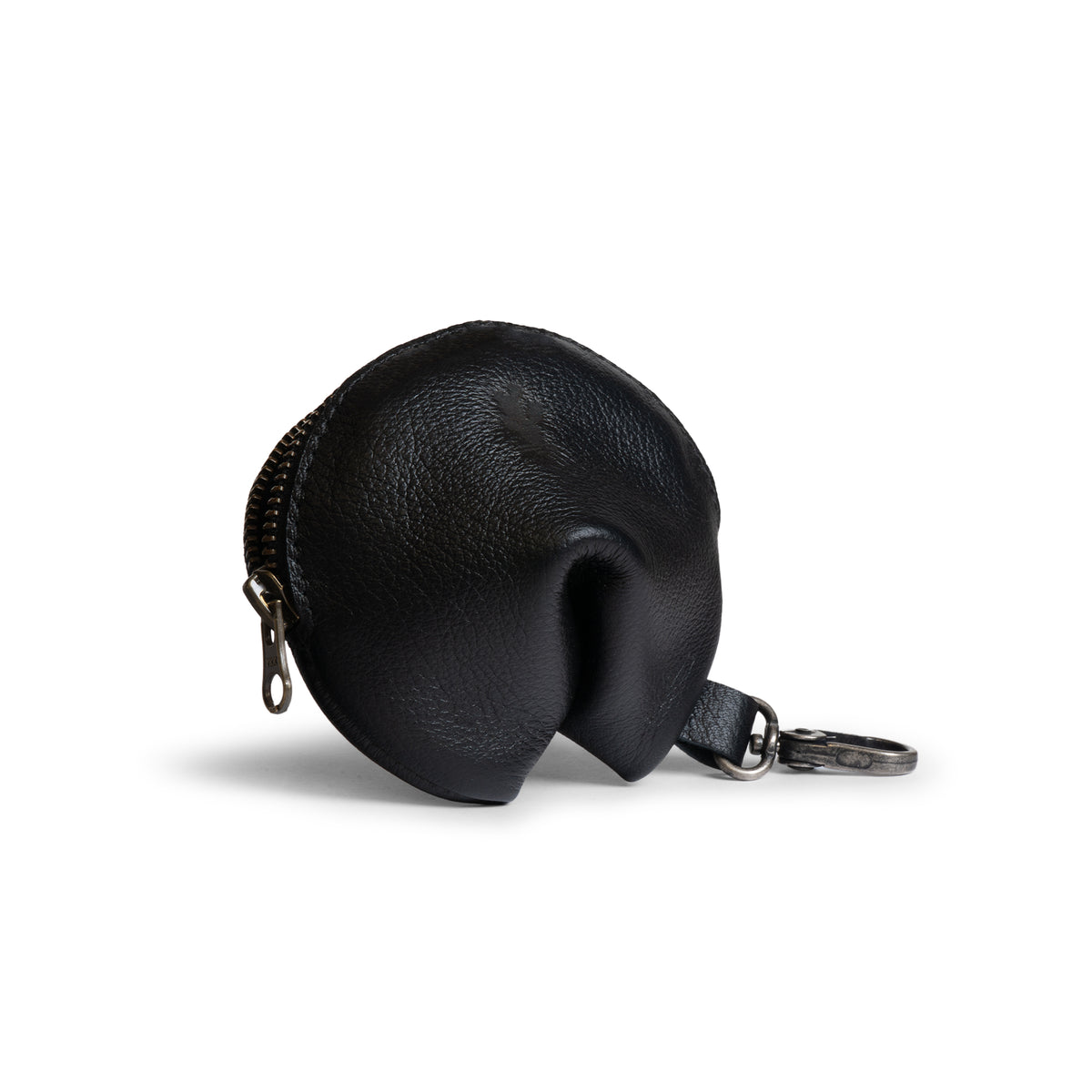 Back view of the Austin Genuine The Bouldin Fortune Cookie Pouch in black Full Grain Leather with zipper closure and key clip; StockyardX Small Batch Production, Hand Cut, Hand Sewn, Fire Branded, Artisan, Handmade in La Antigua Guatemala & Oaxaca Mexico.