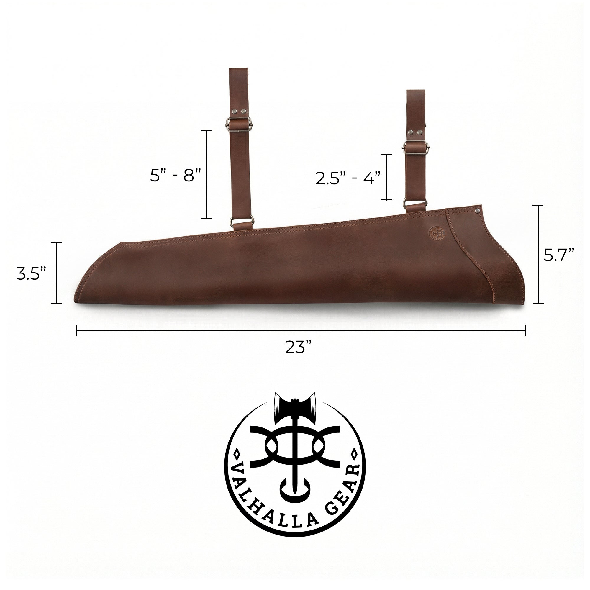 Dimensions of The Yeoman, Sling Arrow Quiver are displayed alongside the Valhalla Gear logo, showcasing its premium full grain leather craftsmanship. This artisan quiver is hand cut, hand sewn, and fire branded, representing quality that comes from small batch production, handmade in La Antigua Guatemala & Oaxaca Mexico.