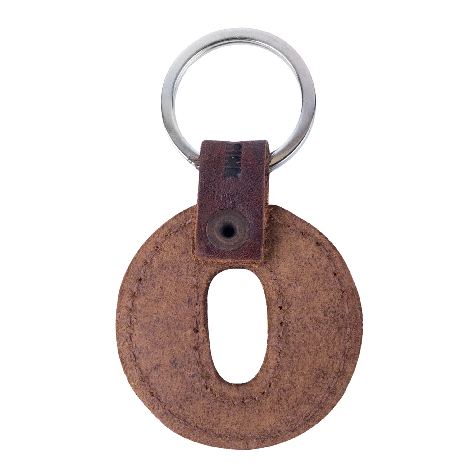 Front view of a letter O Alphabet Letter Keychain by Hide & Drink. This stylish piece is crafted from thick Full Grain Leather, showcasing the meticulous hand cut, hand sewn, and fire branded details typical of artisan production from La Antigua Guatemala.