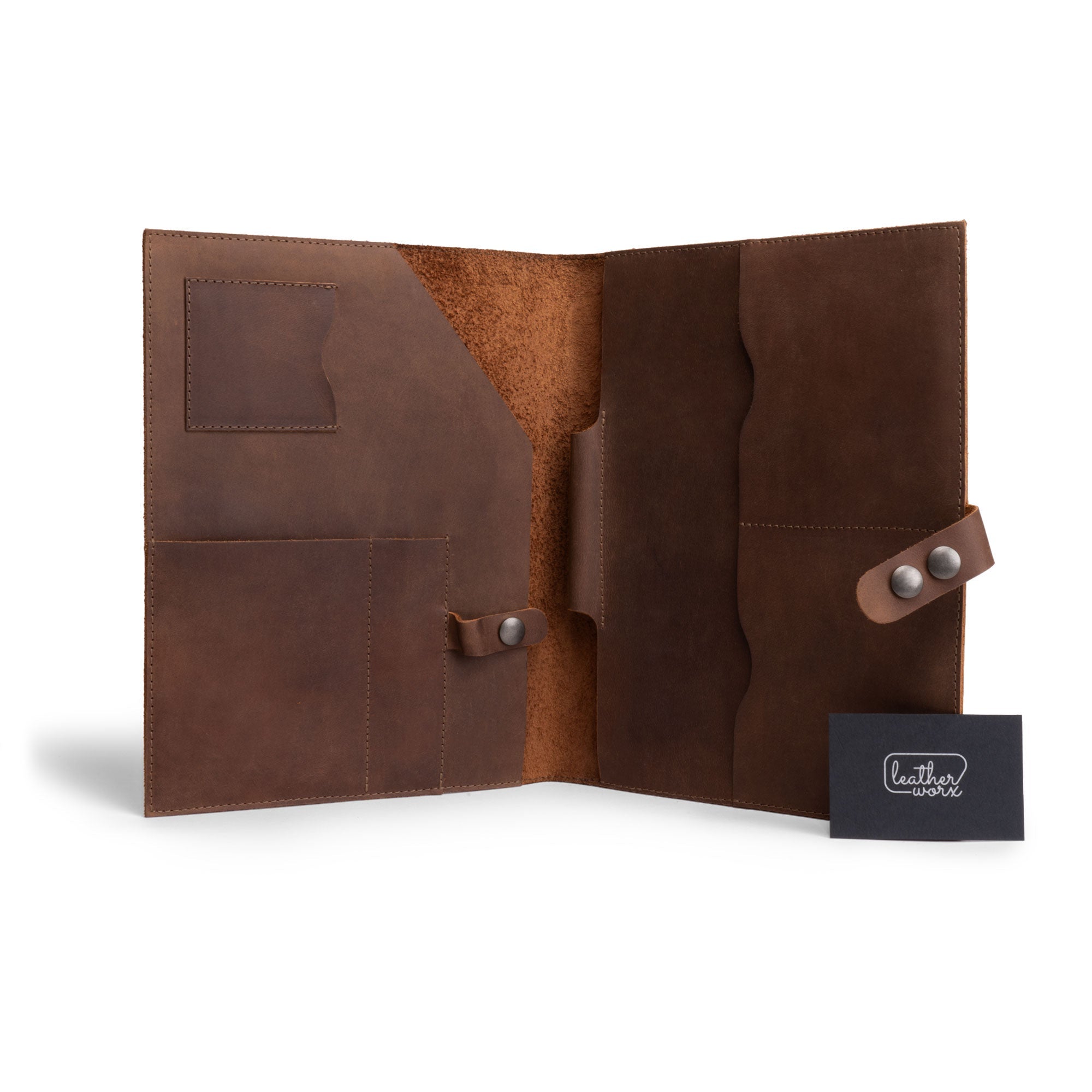 Another perspective of the Leather Tablet Padfolio by Leather Worx, illustrating its thoughtful design and spacious layout. This Executive Document Folder Holder is a valuable Handmade Portfolio Binder that doubles as a Professional Business Folio Organizer, made from Full Grain Leather with an artisan approach in La Antigua Guatemala & Oaxaca Mexico.