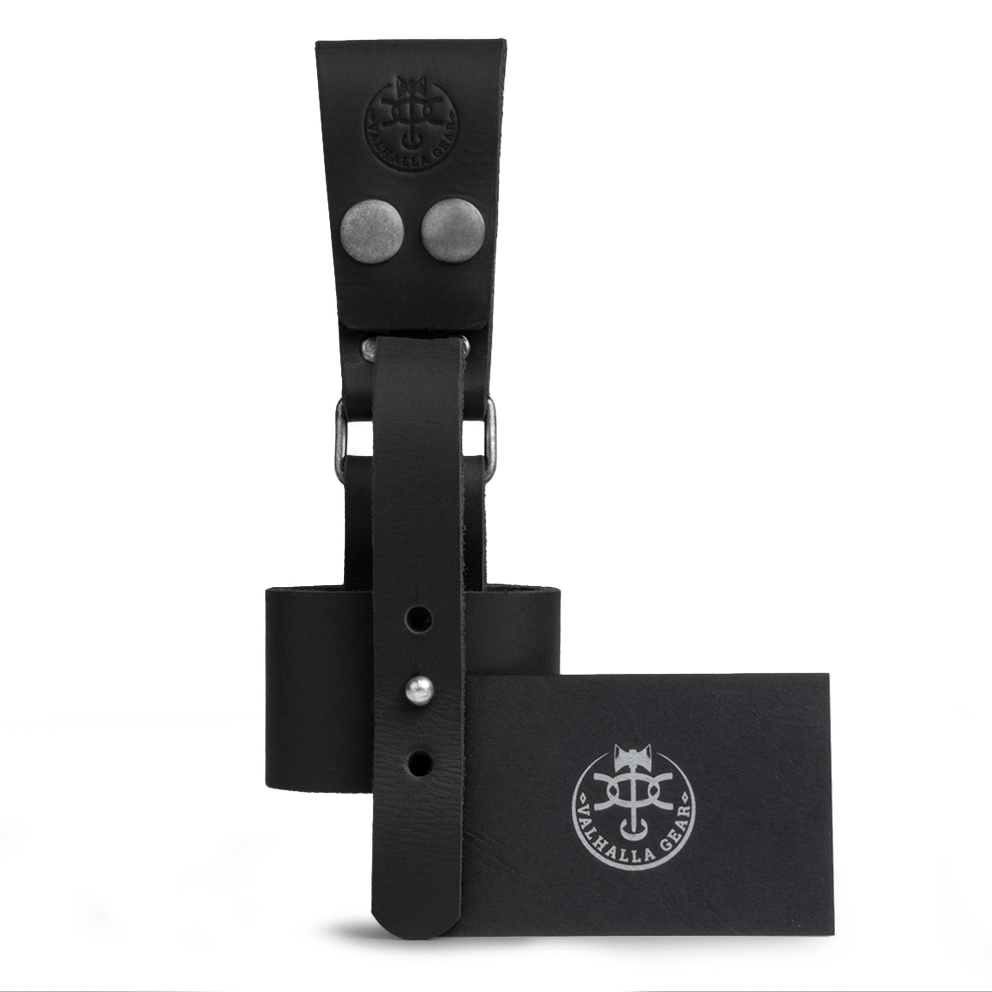 Close-up of the Valhalla Gear Axe Holder with Belt Loop accompanied by a product card, showcasing the artisan craftsmanship. This stylish waist holder for axes is made from full grain leather and represents fine handmade quality from La Antigua Guatemala.