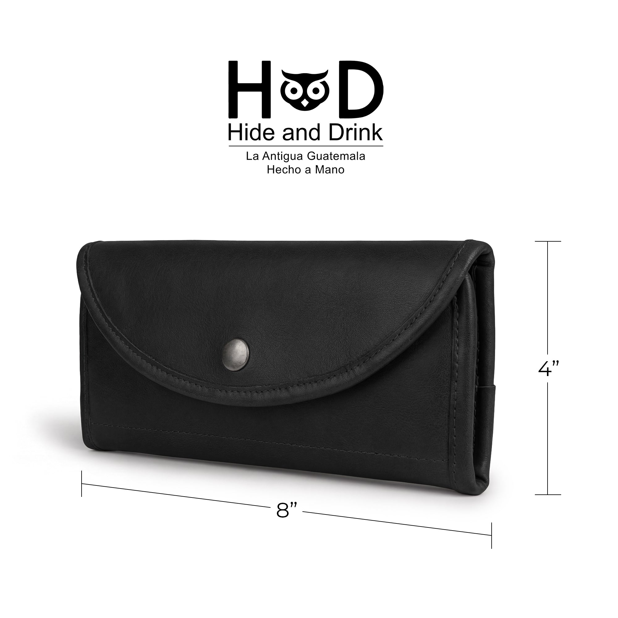 Dimensions and front view of the black Single Snap Zippered Wallet by Hide & Drink, illustrating its refined style. This Snap Clutch Wallet for Women is a chic money holder and card organizer with a zippered pouch, crafted from durable full grain leather and handcrafted in La Antigua Guatemala.