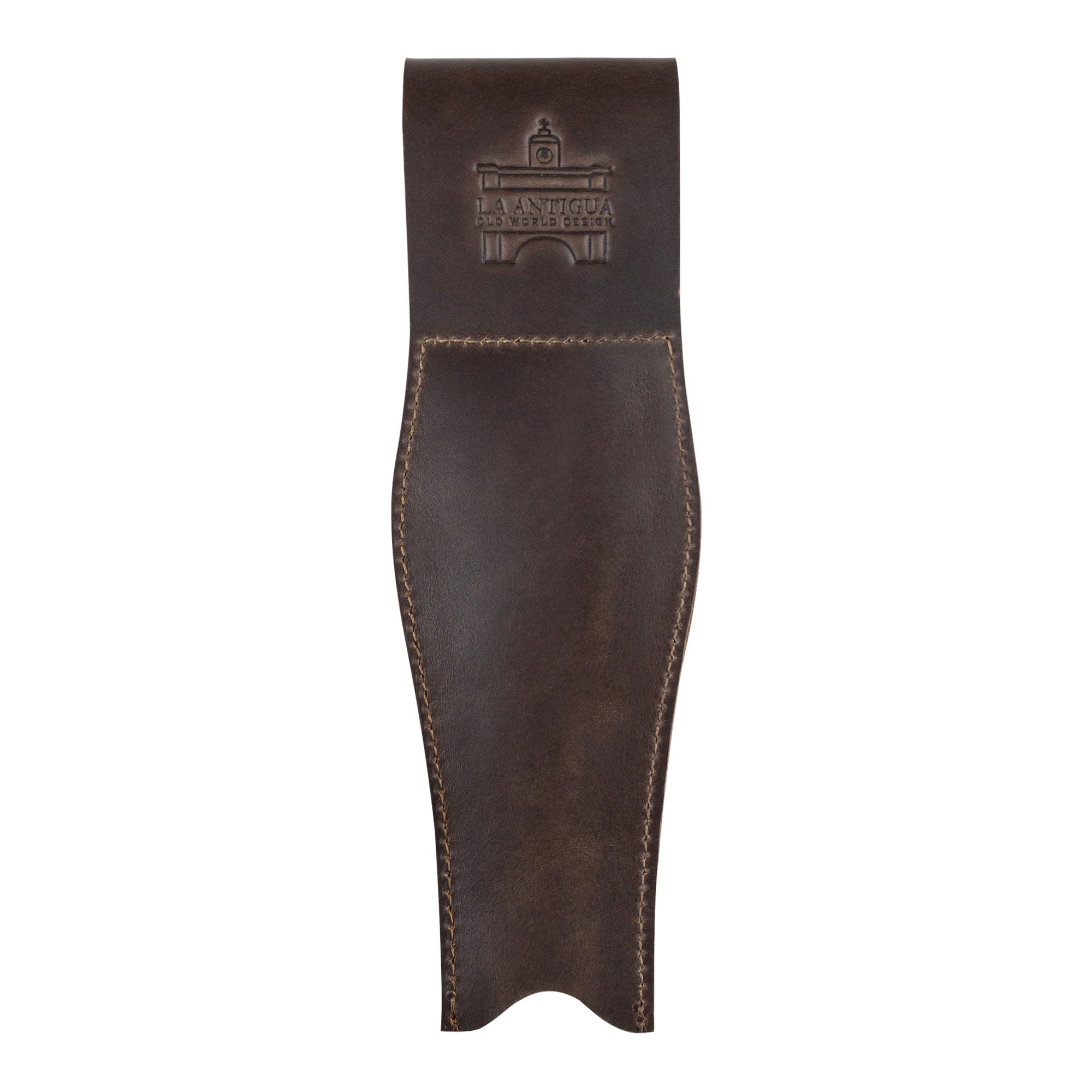 The La Antigua Pipe Case displays its artisan branding, showcasing craftsmanship in full grain leather. This rustic pipe holder with a belt loop is not just a waist case, but a durable travel accessory made with attention to detail in hand cut, hand sewn, and fire branded techniques.